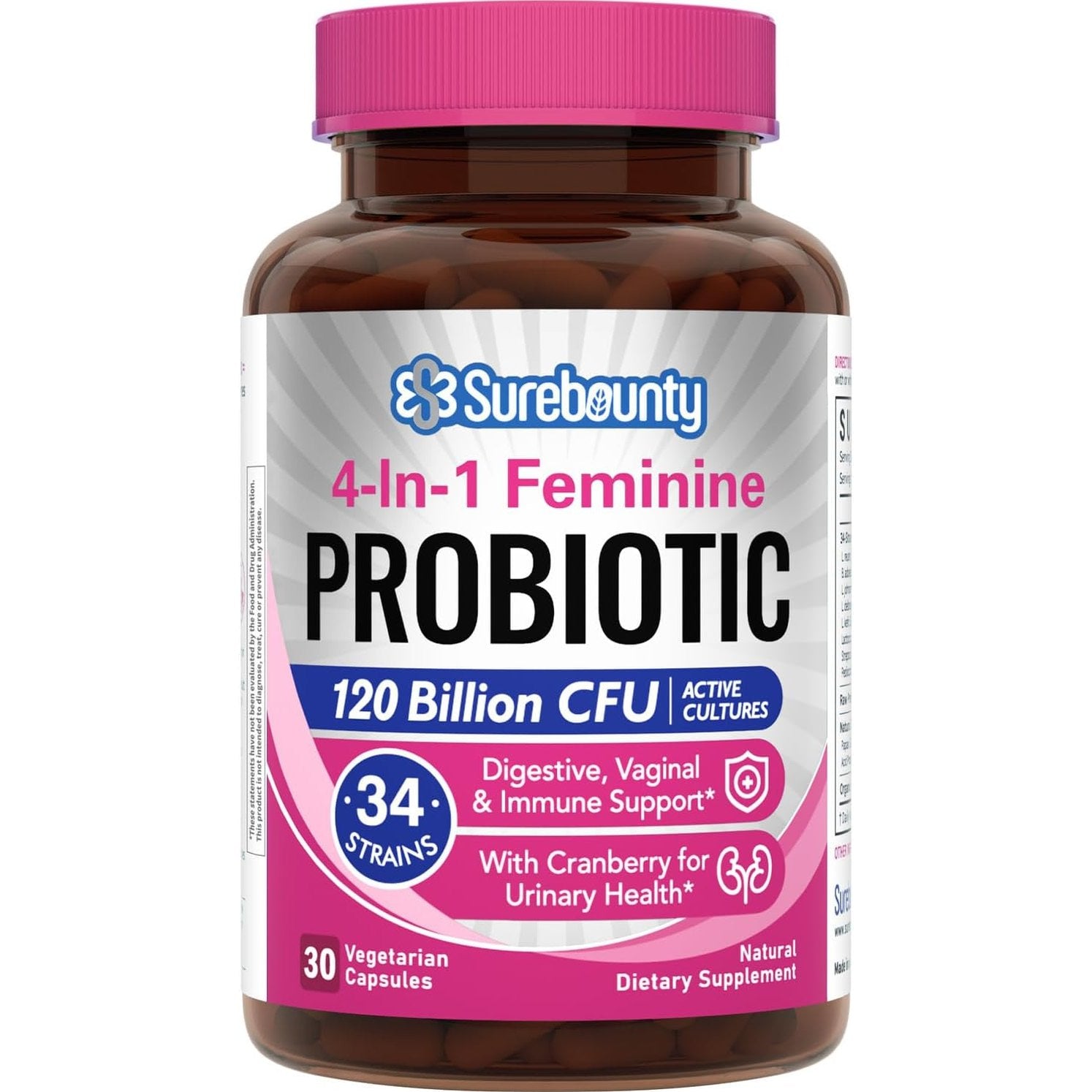Surebounty 4-in-1 Feminine Probiotic, 120 Billion CFU + 34 Strains, Highest Potency for Women, Prebiotics + Digestive Enzymes + Cranberry, Digestive, Vaginal, Mood, Immune & Overall Support, 30 caps