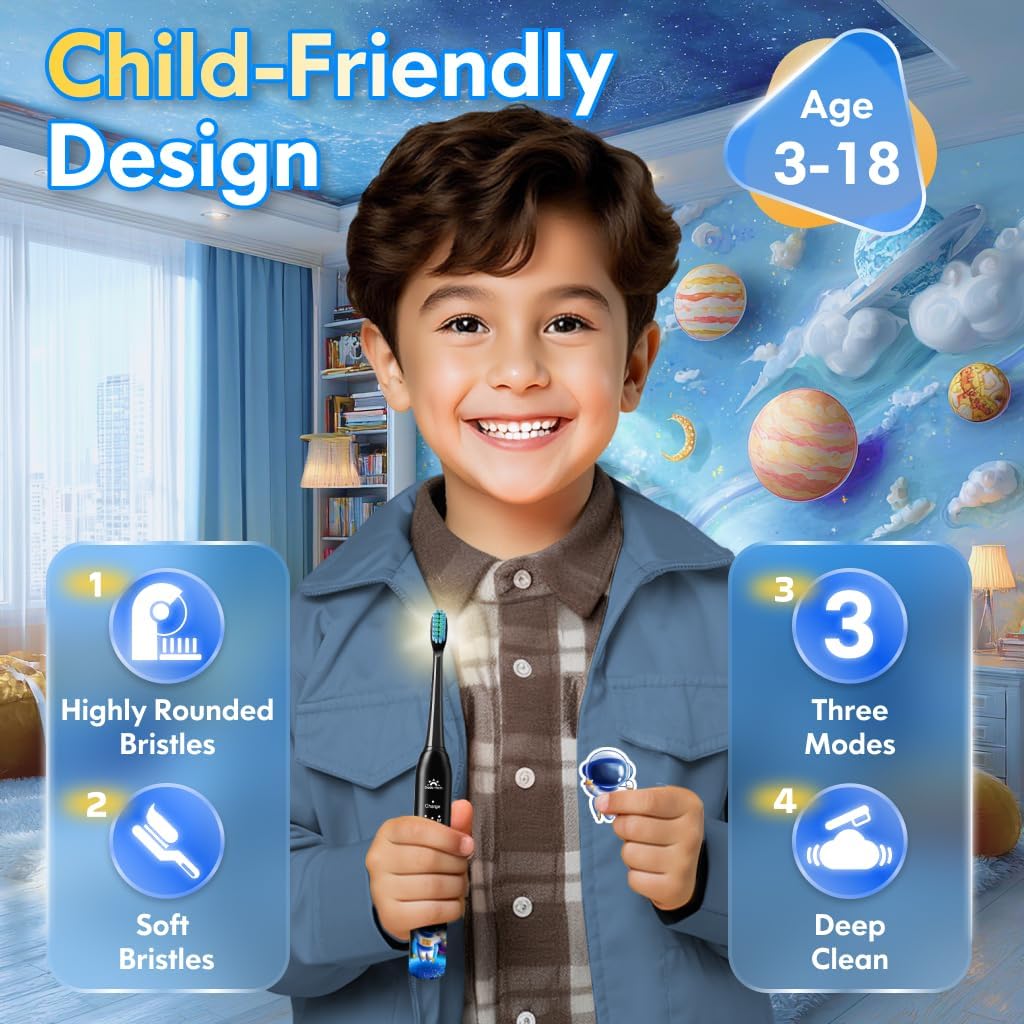 DADA-TECH Kids Electric Toothbrush Rechargeable, Soft Unicorn Tooth Brush with Timer Powered by Sonic Technology for Children Boys and Girls Age 3+, Waterproof and 3 Modes (Astronaut Black)