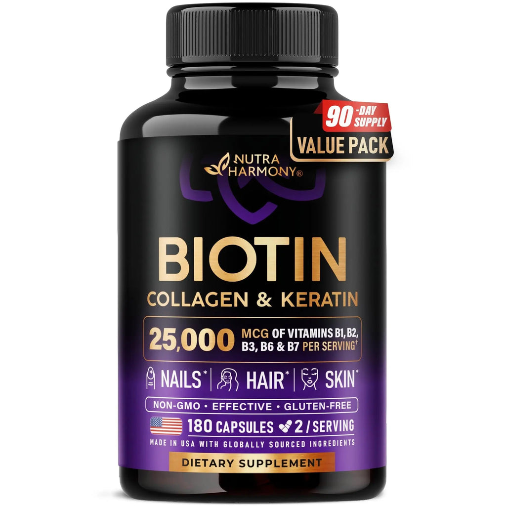 Biotin | Collagen | Hyaluronic Acid | Keratin - Hair Growth & Strength Support Vitamins - Skin & Nails Supplement - Clinically Tested for Men & Women - 25000mcg Vitamins B1, B2, B3, B6 & B7 - 60 Caps
