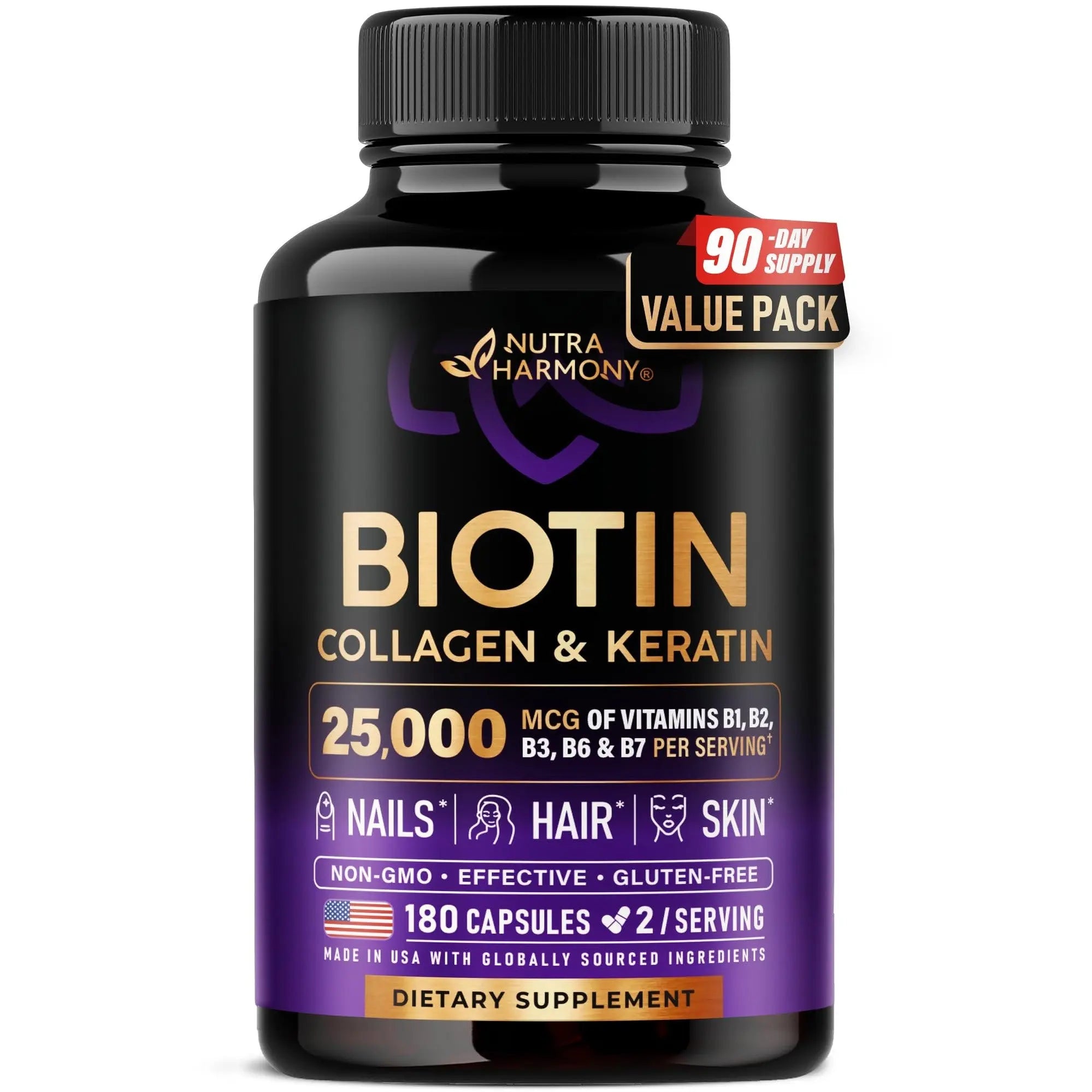 Biotin | Collagen | Hyaluronic Acid | Keratin - Hair Growth & Strength Support Vitamins - Skin & Nails Supplement - Clinically Tested for Men & Women - 25000mcg Vitamins B1, B2, B3, B6 & B7 - 60 Caps