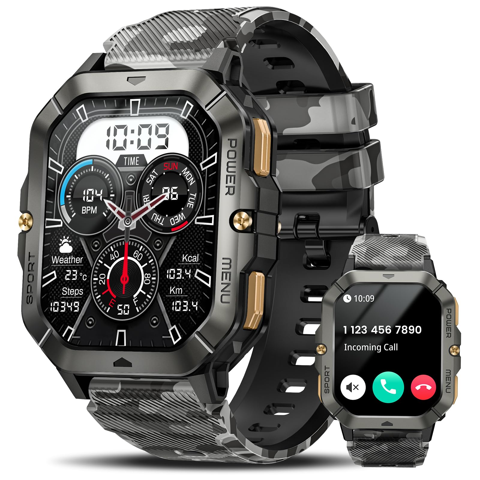 Military Smart Watches for Men (Answer/Make Calls), 2.02'' Fitness Smart Watch for Android and iPhone, Waterproof Fitness Tracker with Blood Pressure/Heart Rate/Sleep/100+ Sport Modes, Watches for Men