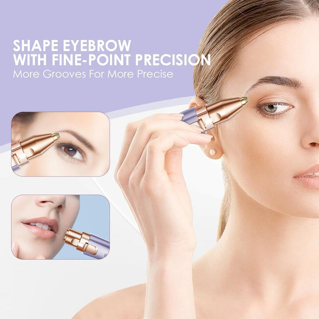 Woman shaping eyebrows with precision fine-point tip of purple rechargeable hair remover