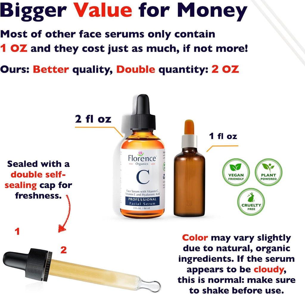 Vitamin C Serum For Face – Anti-Aging Facial Serum with Vitamin C, Hyaluronic Acid, Niacinamide, B5 & Vit E. Brightening Facial Essence for Dark Spots, Fine Lines, Wrinkles & Glowing Skin, 2 Fl Oz