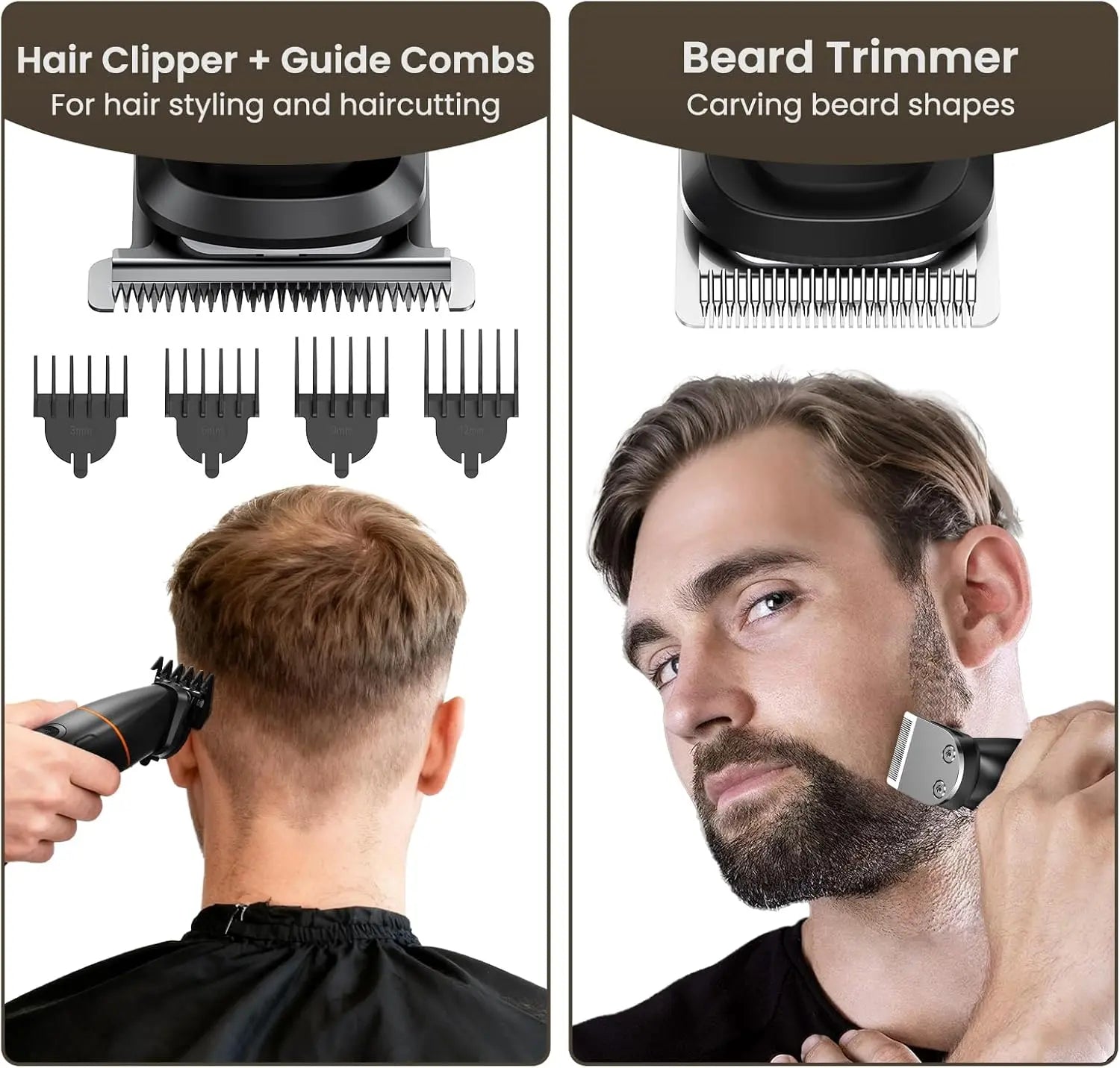 Beard and hair clipper set with guide combs for styling
