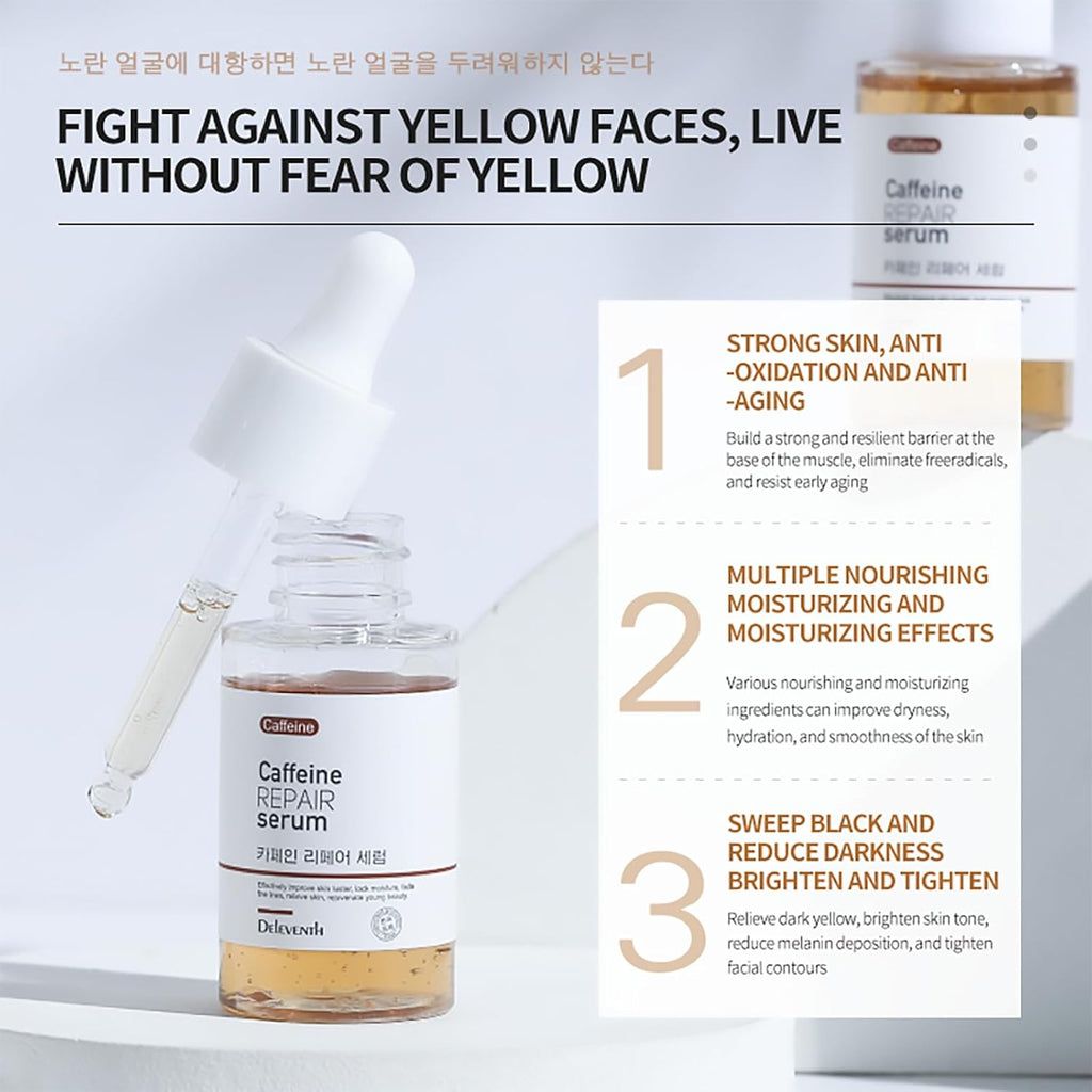DEleventh Korean Brand Caffeine Repair Face Serum 37ml / with Natural Extracts, Anti-Aging, Reduce Puffiness, Deeply Hydrate, Improve Skin, Fade Fine Lines, Relieve and Revitalize Skin