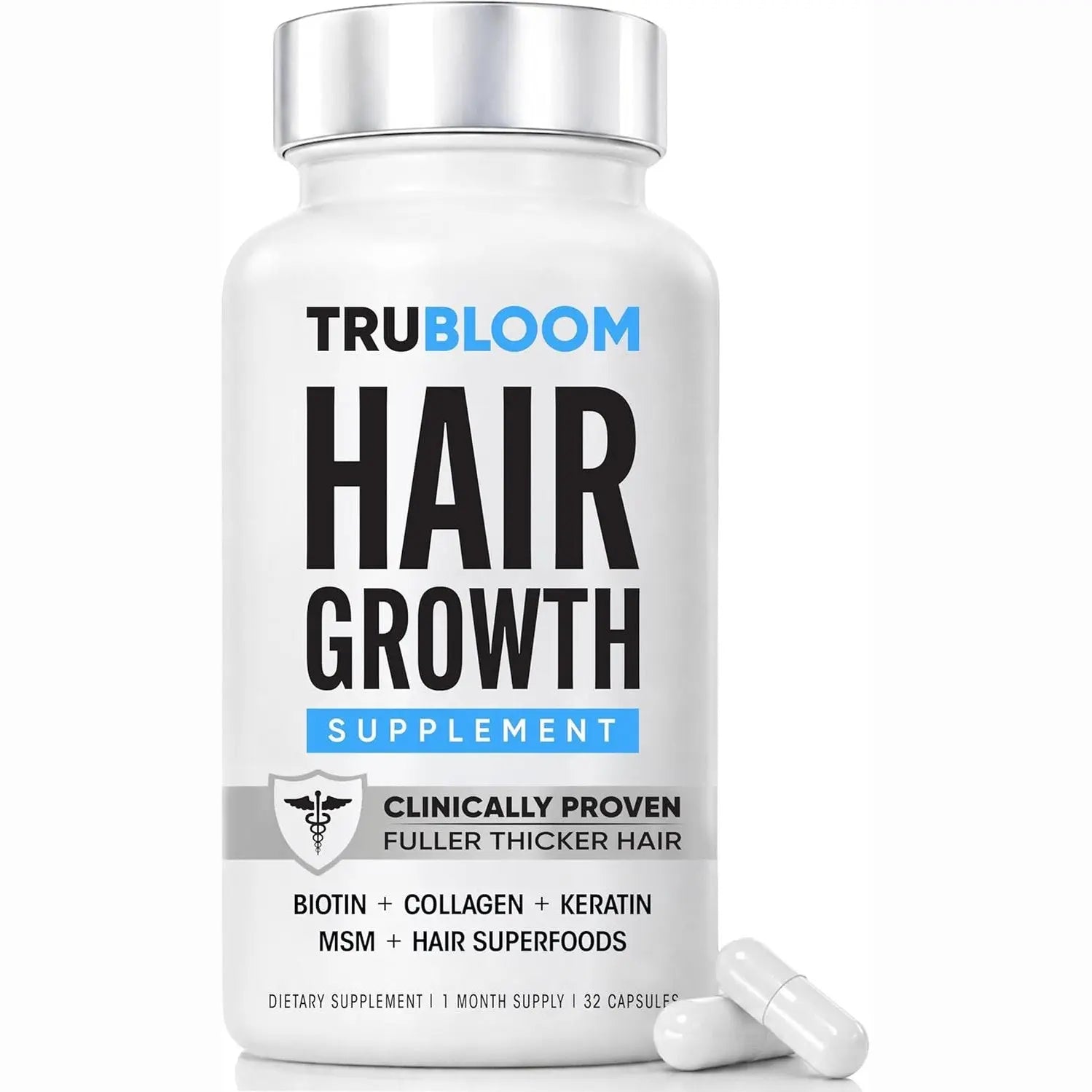 TRU BLOOM dietary supplement bottle highlighting clinically proven fuller thicker hair