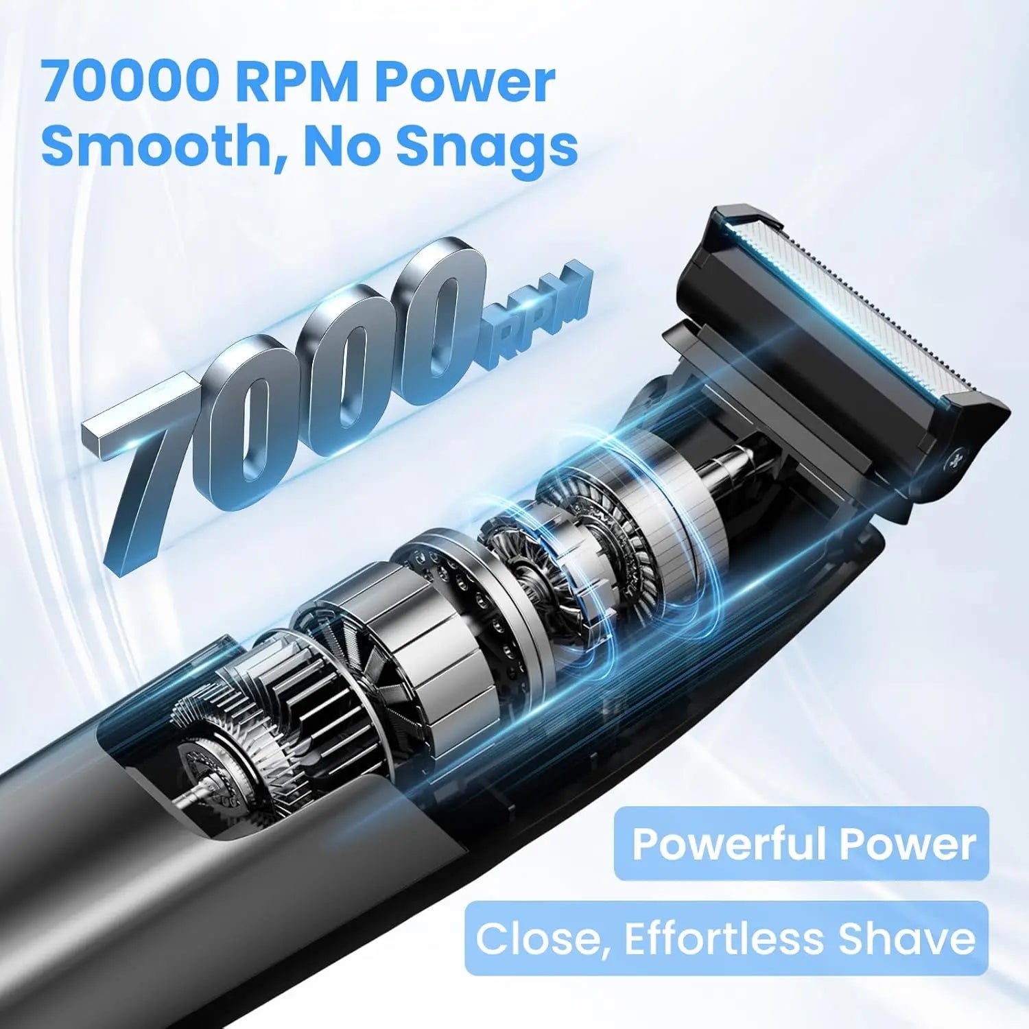 Cutaway view of 70000 RPM motor in battery powered men's grooming device
