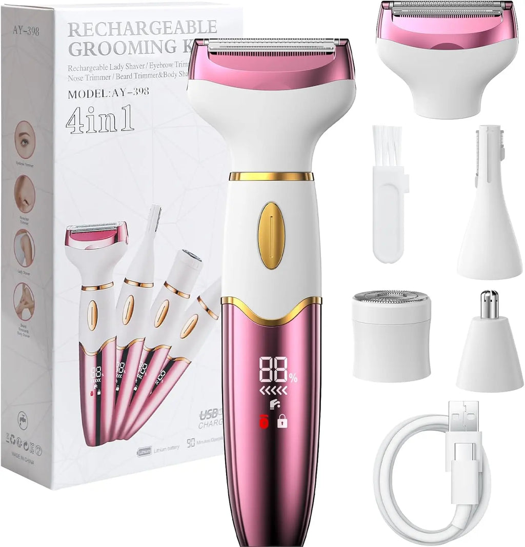 Koeutoze 4-in-1 Electric Women's Shaver with Digital Display, IPX7 Waterproof, Facial Hair Remover for Women, Intimate Shaver for Face, Intimate Area, Armpits, Legs, USB Charging