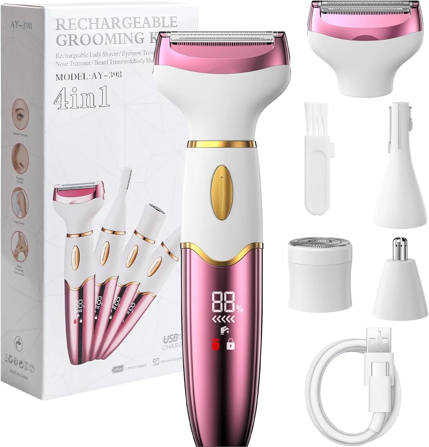 Koeutoze 4-in-1 Electric Women's Shaver with Digital Display, IPX7 Waterproof, Facial Hair Remover for Women, Intimate Shaver for Face, Intimate Area, Armpits, Legs, USB Charging