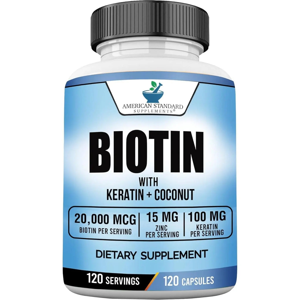 American Standard Supplements Biotin 20,000mcg with Keratin, Coconut Powder and Zinc, Biotin Supplement for Women and Men,120 Veggie Capsules, 120 Day Supply