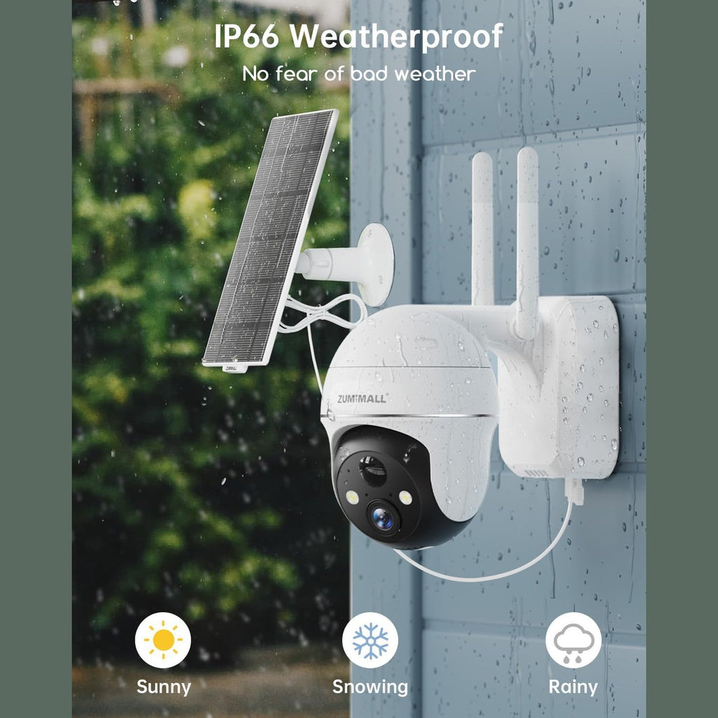 ZUMIMALL Wireless Outdoor WiFi Surveillance Camera - Solar Panel, 360° PTZ Outdoor Camera 2.4GHz, Surveillance Camera with Night Vision Colour, Two-Way Audio, PIR Siren (3MP)