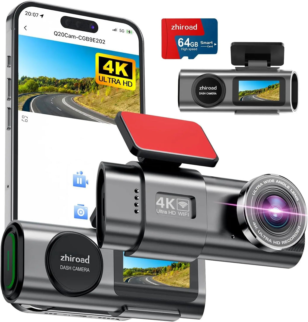 Car Dash Cam, 4K Dashcam with 64G Card, Car Dashcam with WiFi & App, 170° Car Camera, 1.47" Screen, WDR, Night Vision, Parking Mode, Gravity Sensor, Loop Recording