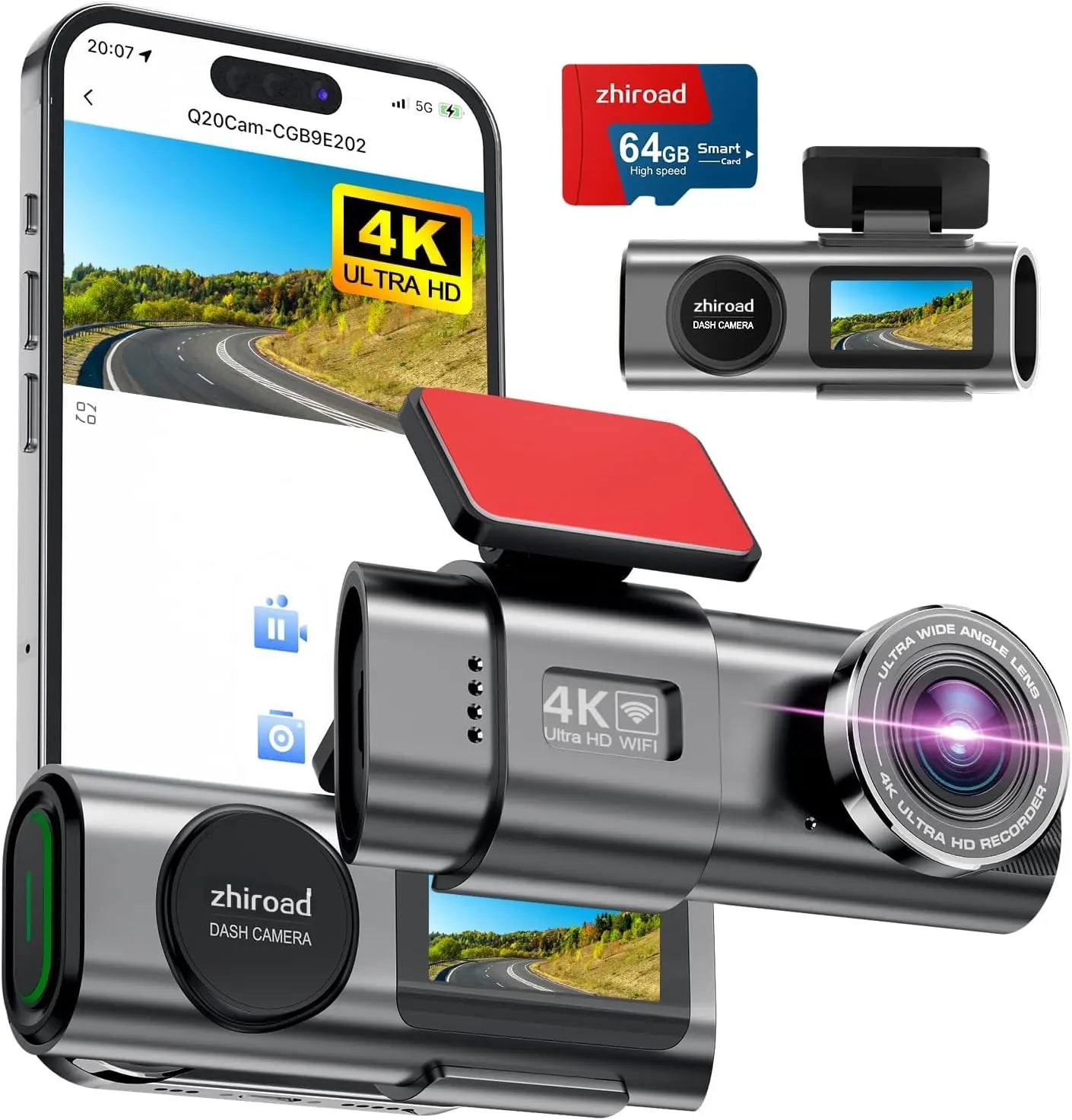 Car Dash Cam, 4K Dashcam with 64G Card, Car Dashcam with WiFi & App, 170° Car Camera, 1.47" Screen, WDR, Night Vision, Parking Mode, Gravity Sensor, Loop Recording