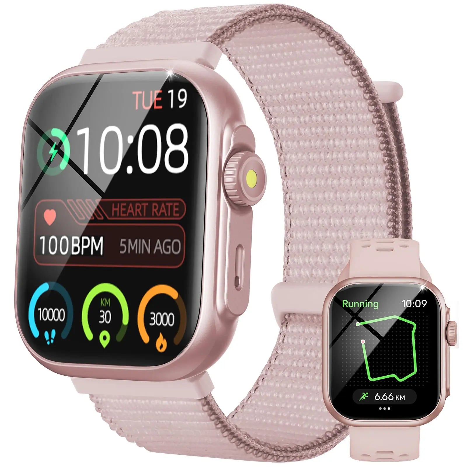 Parsonver rose gold pink woven strap smartwatch with health metrics and charging
