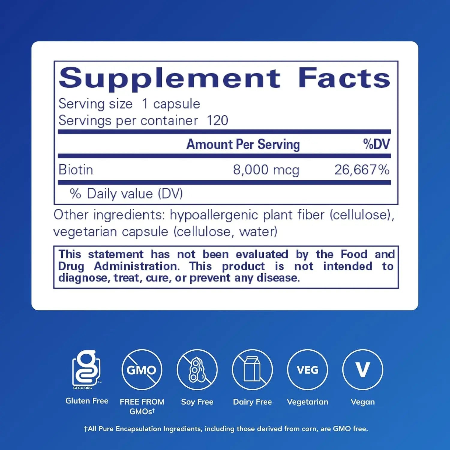 Pure Encapsulations Biotin 8 mg - B Vitamin Supplement to Aid Stress Relief, Hair, Skin & Nail Strengthening, Metabolism, Carbohydrate Support & Nervous System* - with Premium Biotin - 120 Capsules
