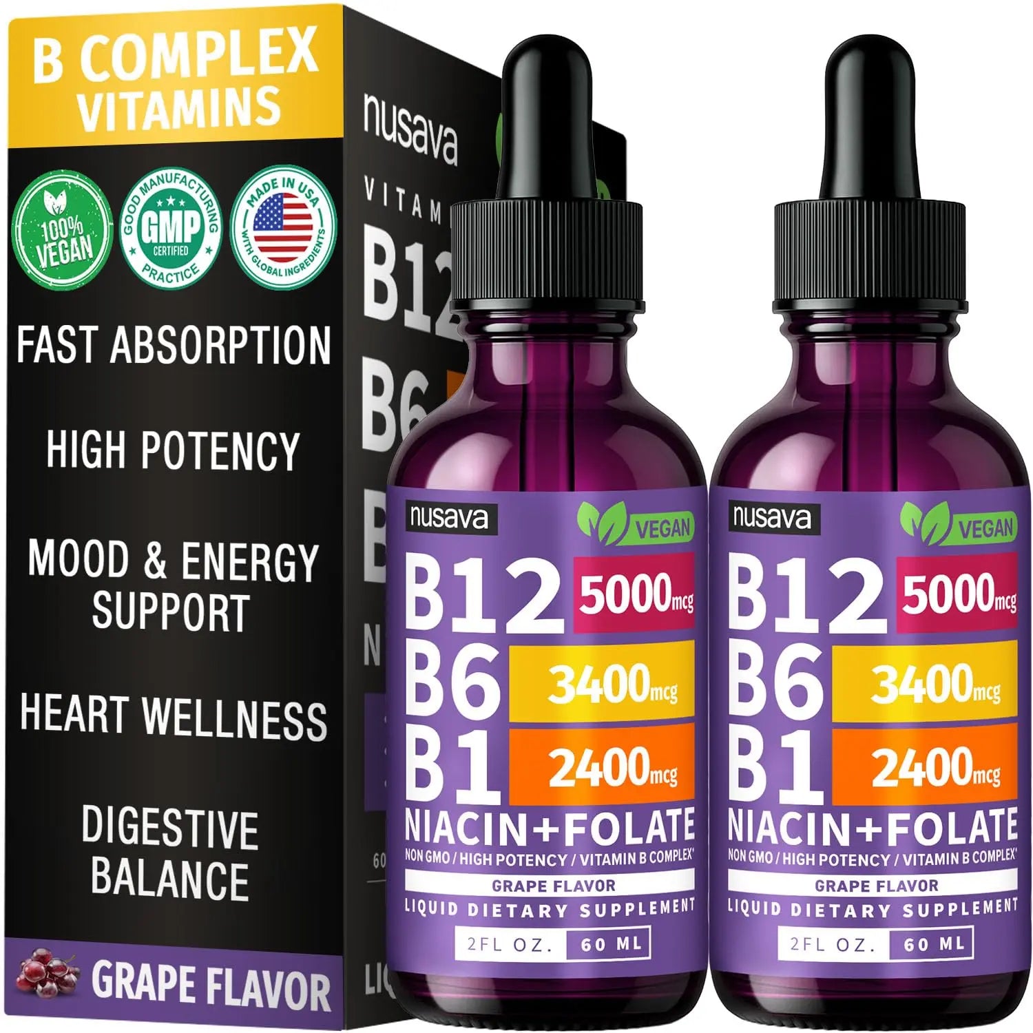 (2 Pack) Vitamin B12 and B6 Liquid Drops, B12 Sublingual Vitamin B Complex - B 12 Vitamin 5000mcg - B12 Methylcobalamin for Energy, Brain, Heart Support with 27,200 mcg, Crimson Orange, 80 Servings