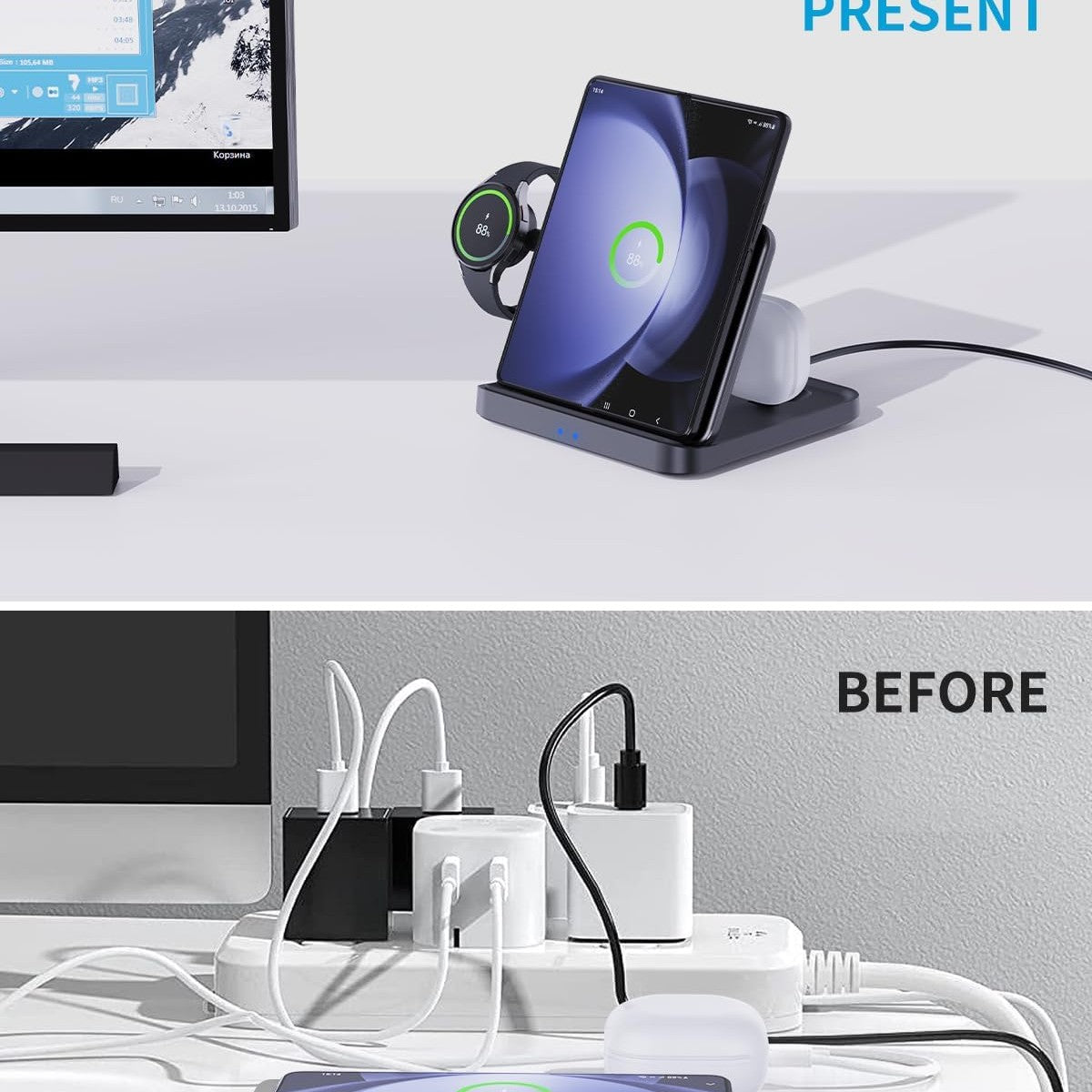 JOYVEVA for Samsung Z Fold 5 Wireless Charger Station, 3 in 1 Foldable Fast Charging Stand Dock for Galaxy Z Fold 4/3, Z Flip 5/4/3, S23/S22, Note20/10 Ultra, Watch 6/5/Pro/4/3, Earbuds 2/2 Pro/Live