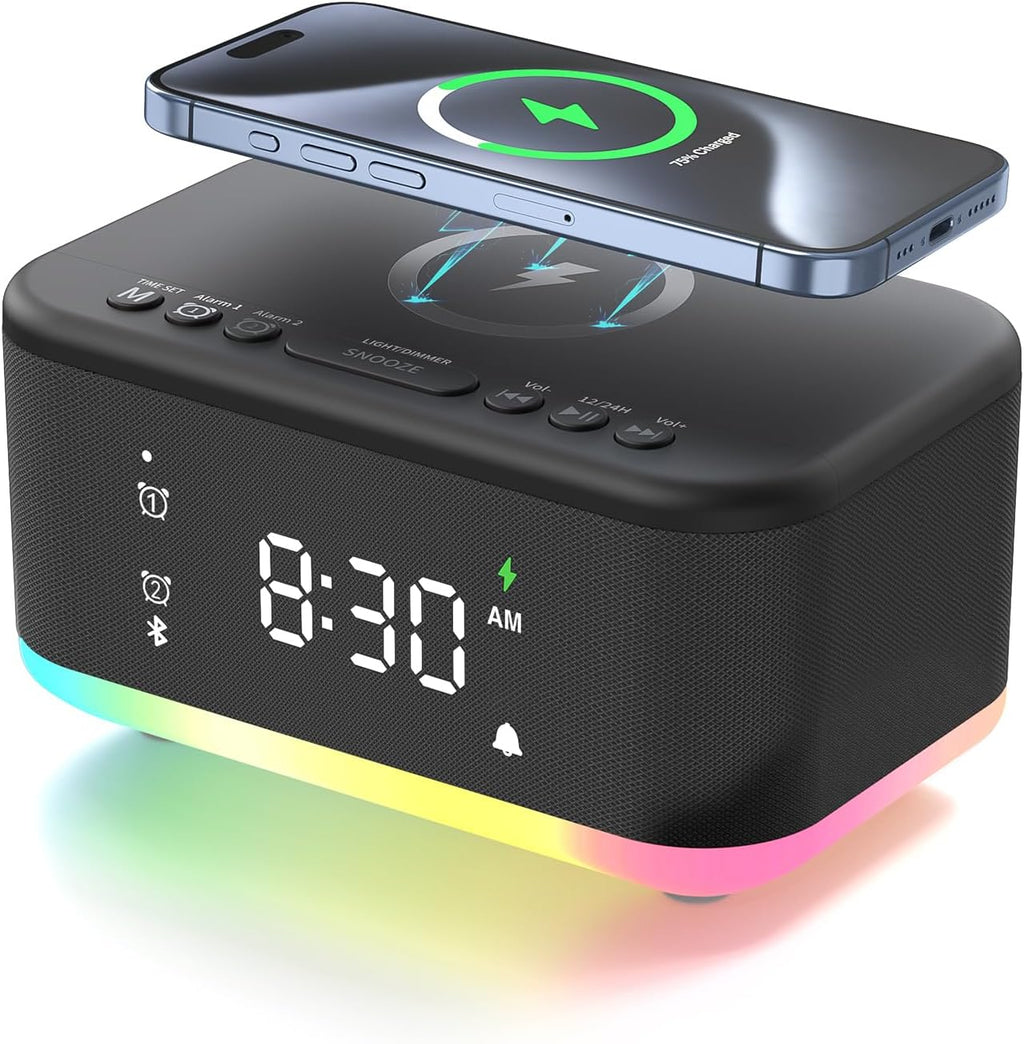 Wireless Charging Alarm Clock Bedroom, Loud Digital Alarm Clocks Bedrooms, Alarm Clock Night Light Speaker 8W Snooze Dual Alarm 12/24H Adjustable Brightness Dimmer Bluetooth, Black