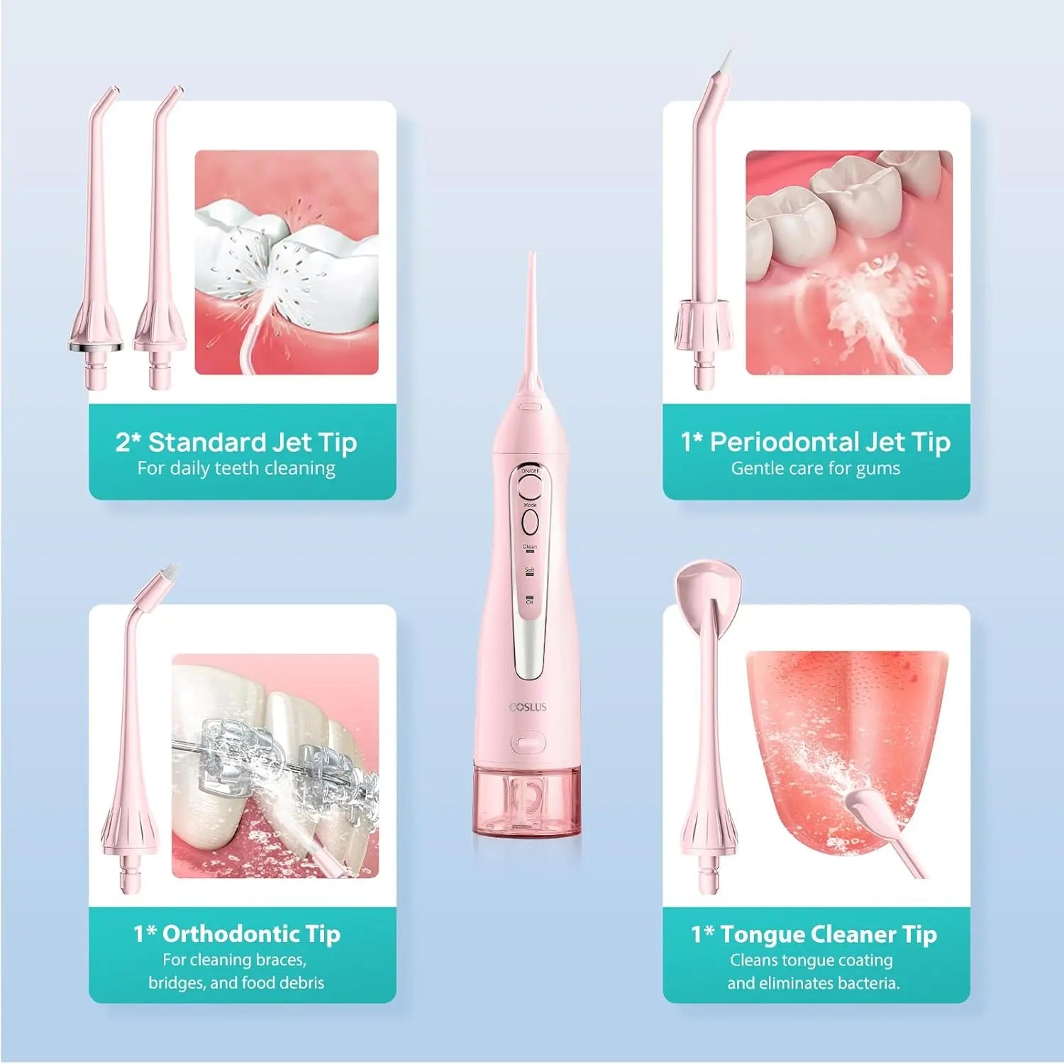 COSLUS Water Dental Flosser Teeth Pick C20(F5020E): Portable Cordless Oral Irrigator 300ML Rechargeable Travel Irrigation Cleaner IPX7 Waterproof Electric Flossing Machine for Teeth Cleaning, Pink