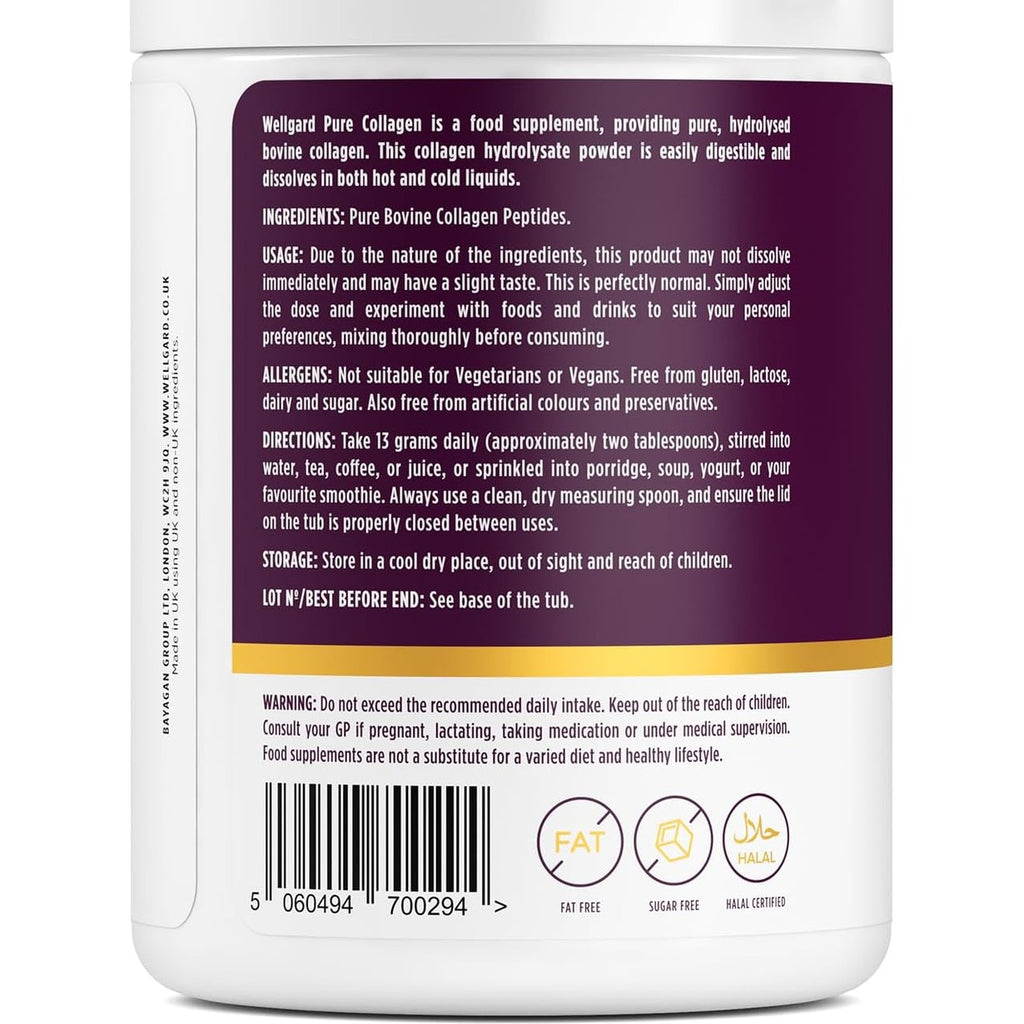 Wellgard Collagen Powder, Bovine Collagen Peptides Powder - High Levels of The 8 Essential Amino Acids, Collagen Supplement, Halal & Kosher, Made in UK