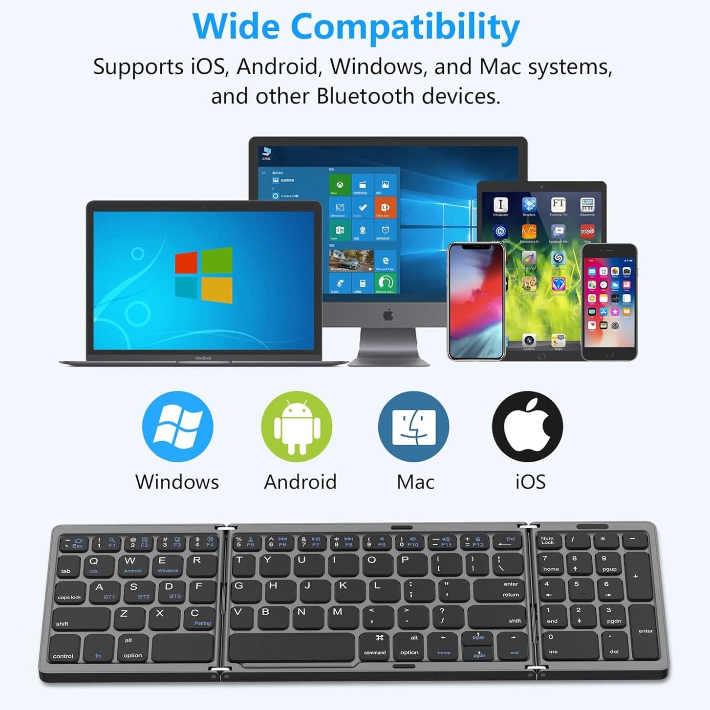 Erkovia Foldable Bluetooth Keyboard, Foldable Wireless Portable Keyboard with Numeric Keypad, USB-C Rechargeable for iOS, Android, Windows System Laptop Tablet Smartphone Device (Not Full Size)
