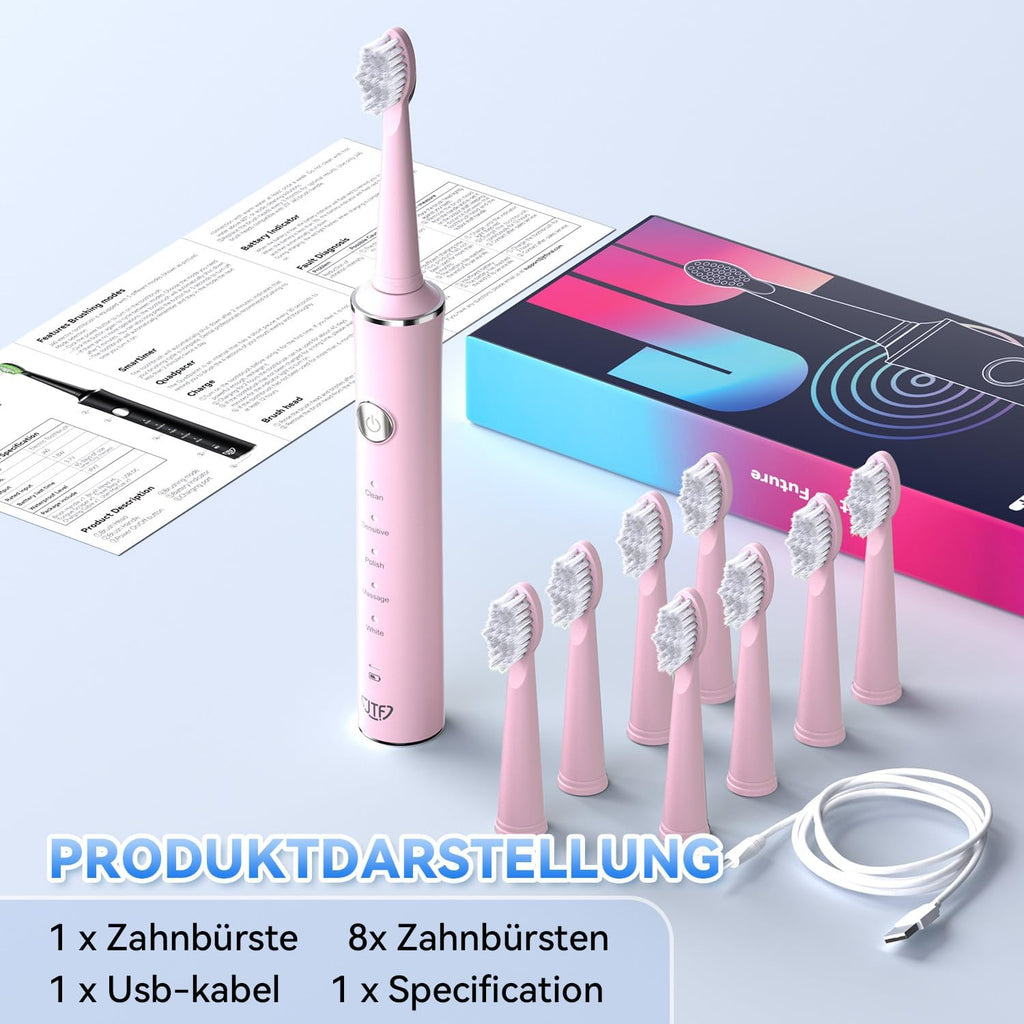 JTF Electric Toothbrush, Sonic Toothbrush with 8 Brush Heads, 5 Modes & Smart Memory, 2 Minute Timer, IPX7 Waterproof, Rechargeability, Quick Charge 3H, Adults (Pink)