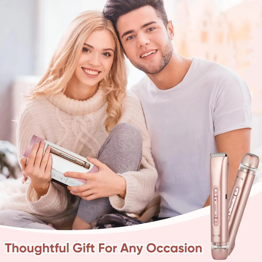Dual-head rose gold electric shaver gift set with interchangeable heads and packaging
