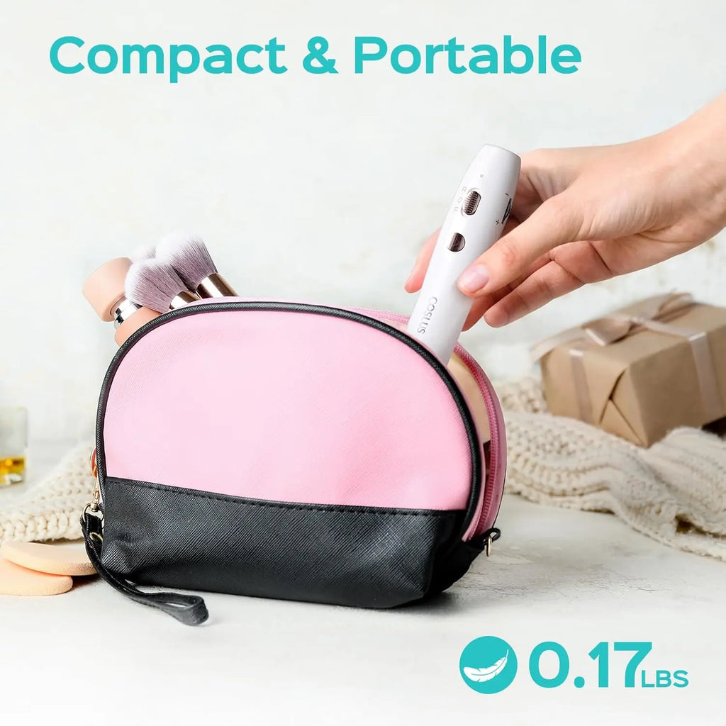 Compact portable COSLUS nail drill fitting in pink cosmetic travel pouch