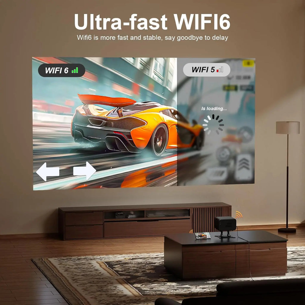 XuanPad mini projector demonstrating ultra-fast WiFi 6 gaming performance on wall