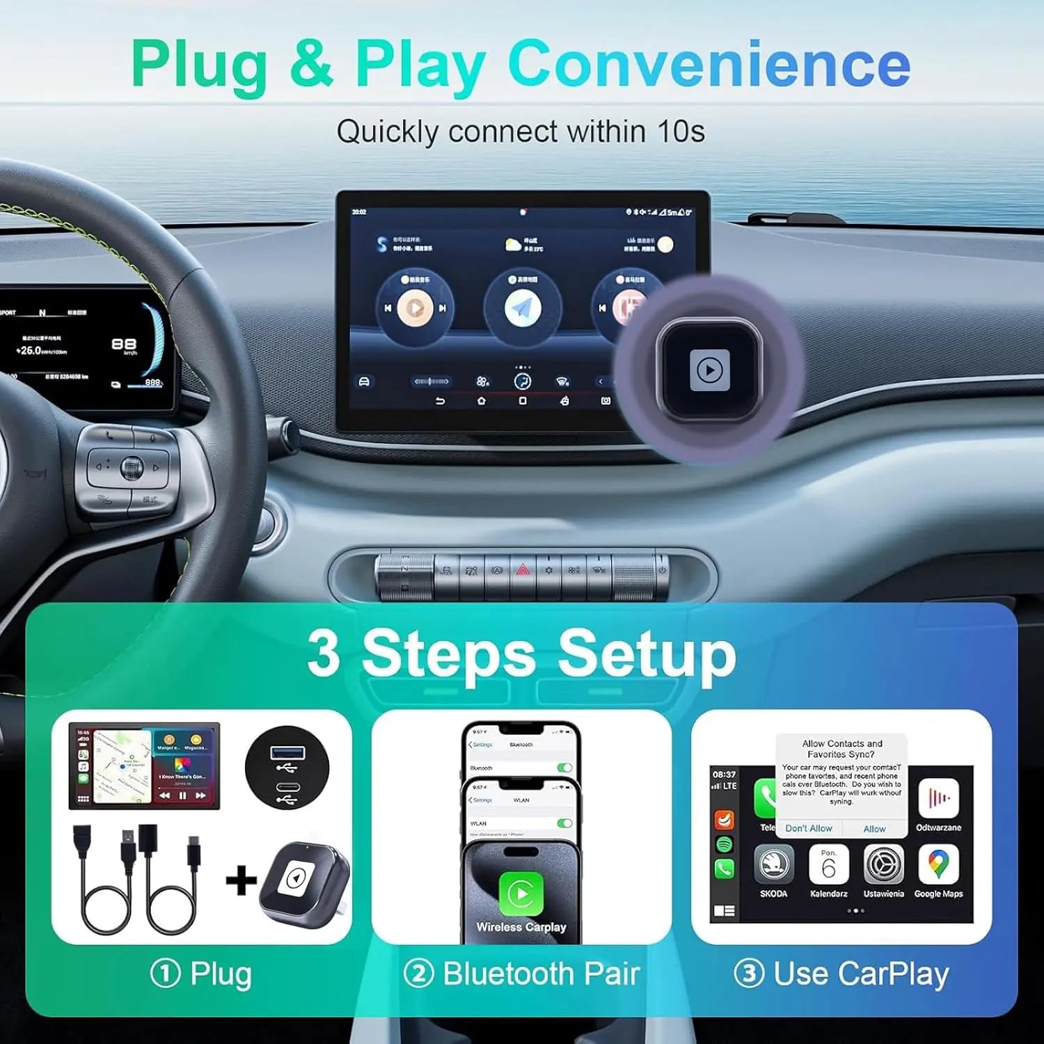 Aieloar Wireless CarPlay Adapter UK for iPhone, Wireless Carplay Dongle adaptor with Fast Connection-90 Degrees
