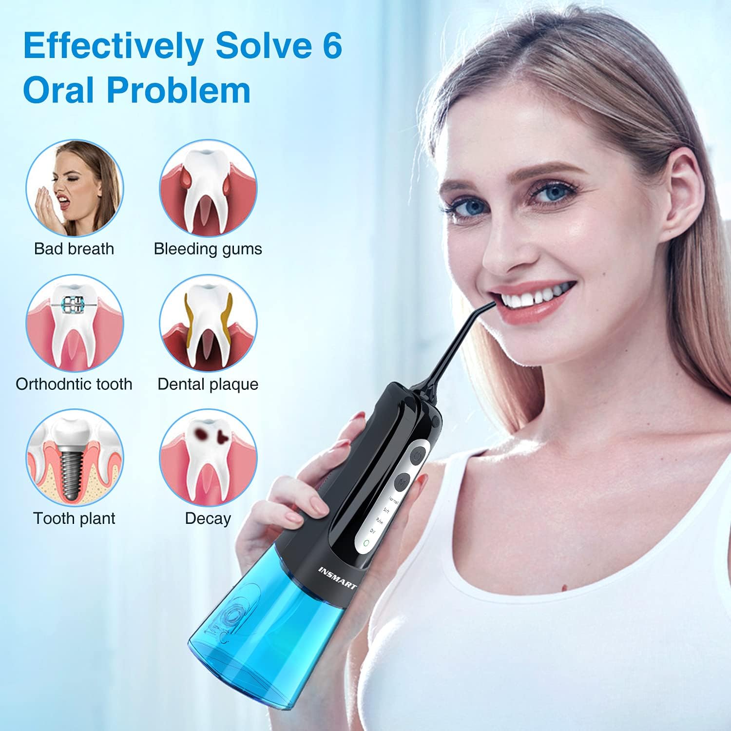 INSMART Cordless Water Flosser Teeth Cleaner, INSMART Professional 300ML Tank DIY Mode USB Rechargable Dental Oral Irrigator for Home and Travel, IPX7 Waterproof 3 Modes Water Flosser for Oral Care