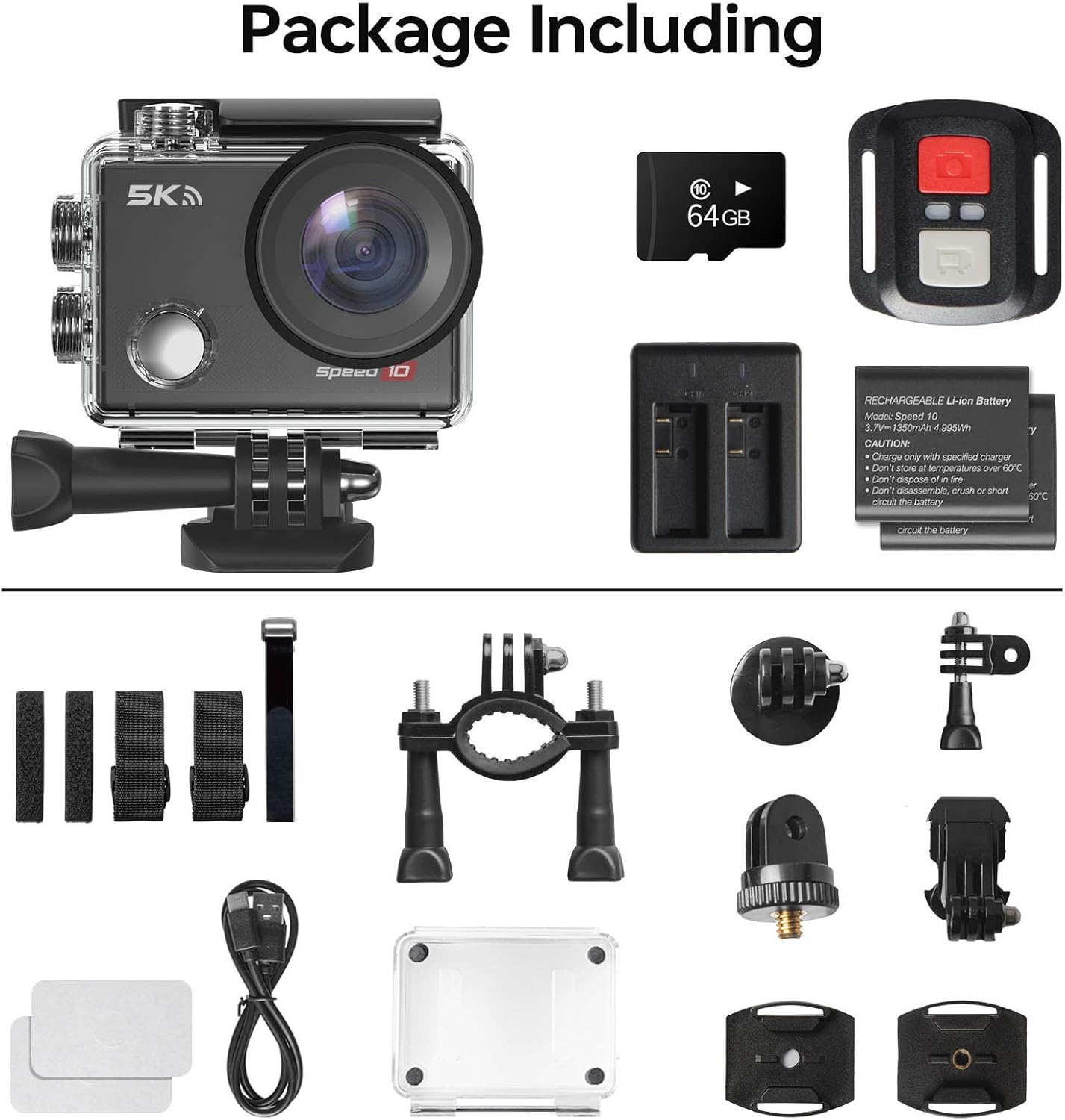 Hiicam Speed 10 Action Cam, 5K30FPS 30MP Action Cam 40M Underwater Camera Waterproof WiFi 170° Ultra Wide Angle Ice Action Cameras Zoom 5X with Remote Control and 2x 1350mAh Batteries 64GB Memory Card