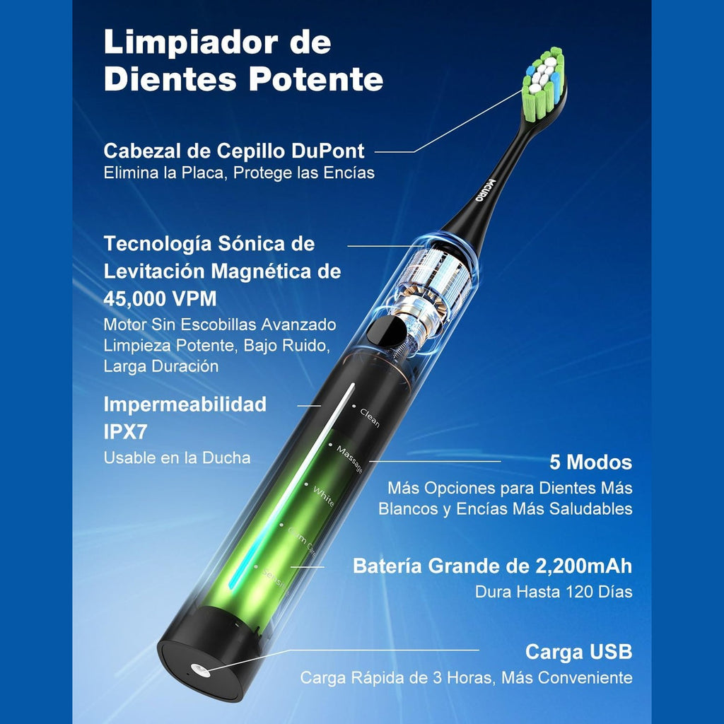 Electric Toothbrush, Sonic Toothbrush, Electric Toothbrush 45000VPM, Whitening Teeth in 1 Week, 120 Days Battery Life, Battery Level Indicator, 6 Dupont Brush Heads, 5 Modes, Timer, Black