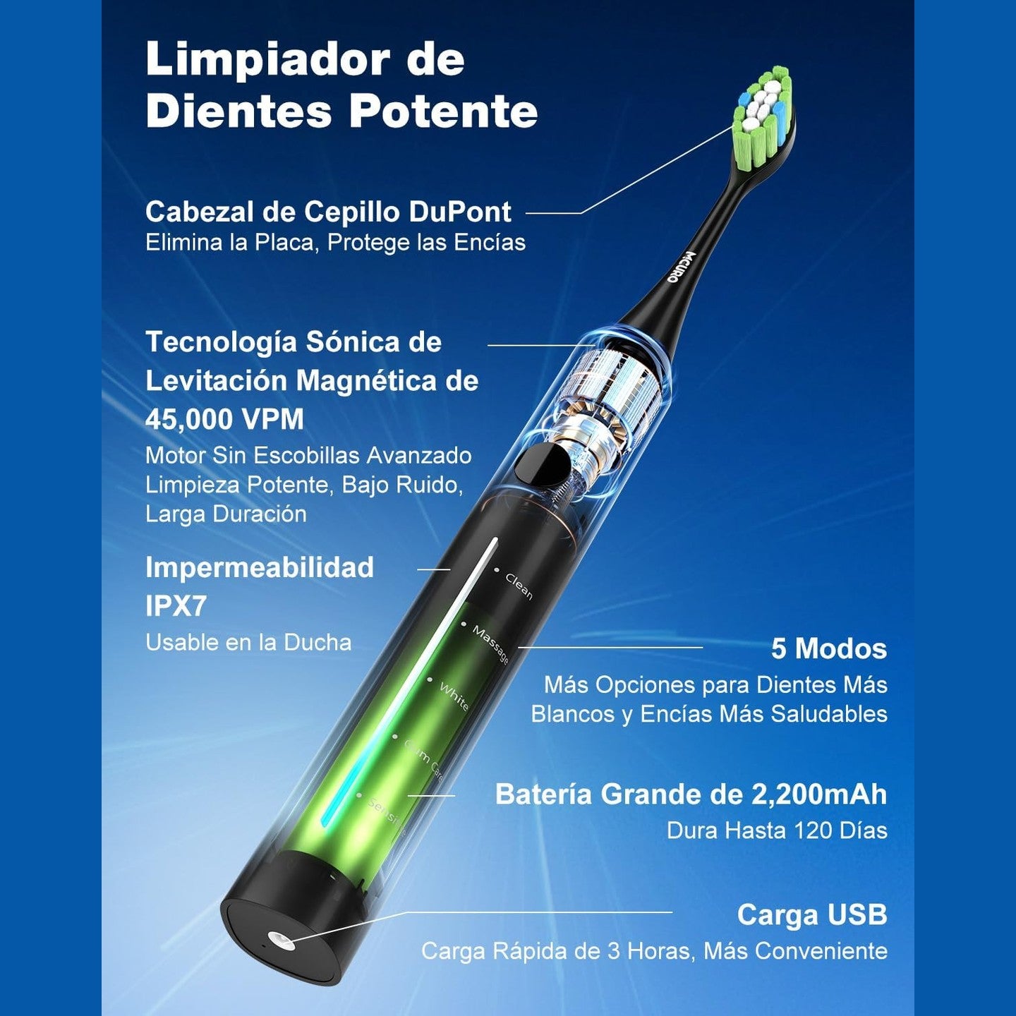 Electric Toothbrush, Sonic Toothbrush, Electric Toothbrush 45000VPM, Whitening Teeth in 1 Week, 120 Days Battery Life, Battery Level Indicator, 6 Dupont Brush Heads, 5 Modes, Timer, Black