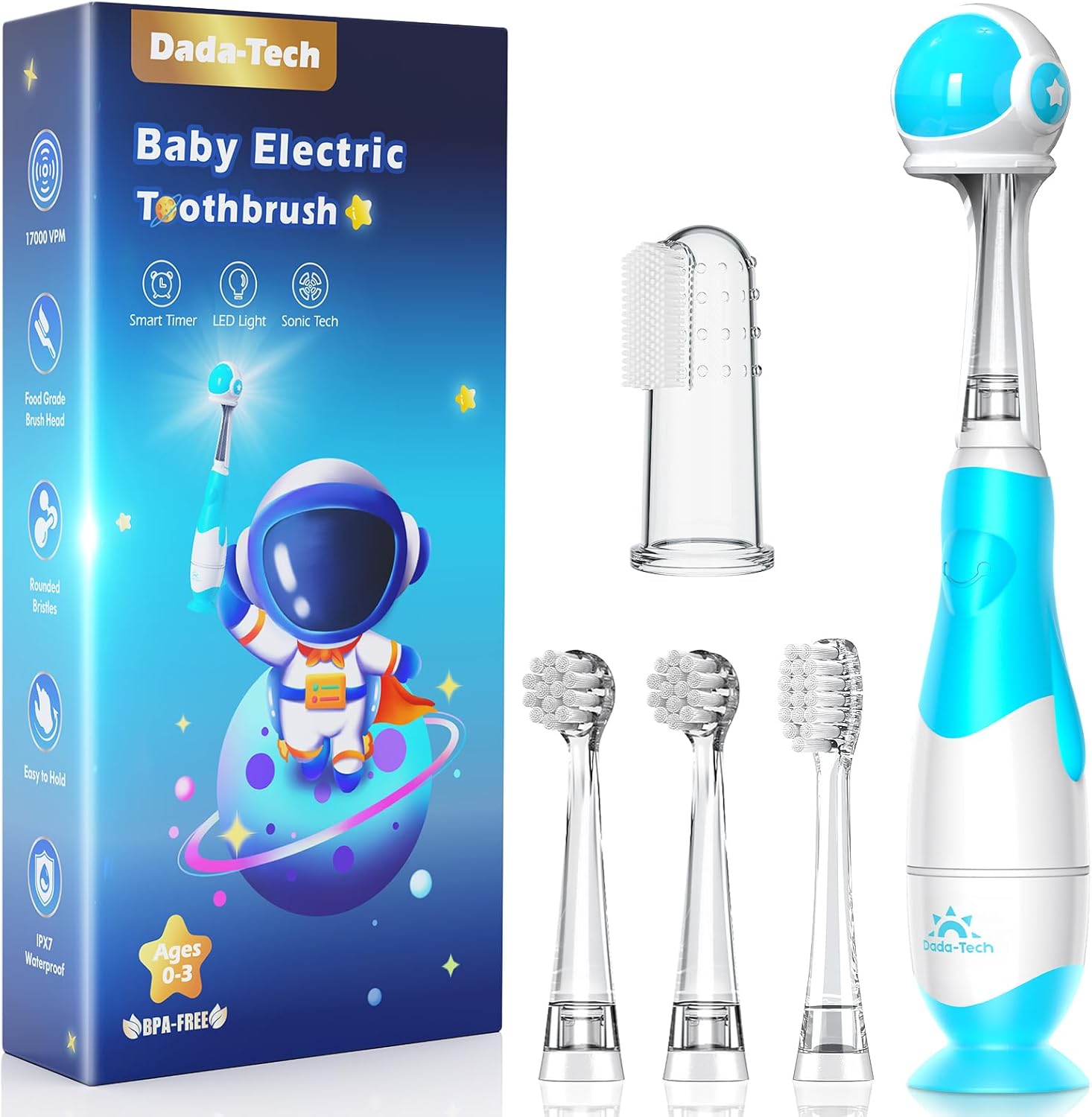 Electric Toothbrush Children's Baby Toothbrush Children's Toothbrush Electric from 1 2 3 Years with LED Light Integrated Timer 90% Rounded Bristles Baby Toothbrush for Toddlers (Blue Astronauts)