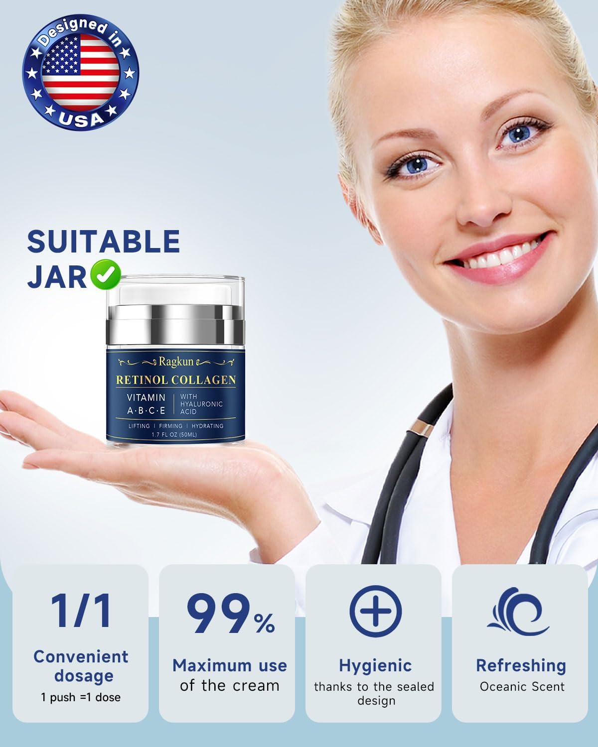 Ragkun Face Moisturizer Retinol Cream - Neck Collagen Creams for Tightening and Firming - Anti Aging Day & Night Facial Moisturizer for Women & Men, Tighten and Lift Wrinkle Cream - 1.7 Fl Oz