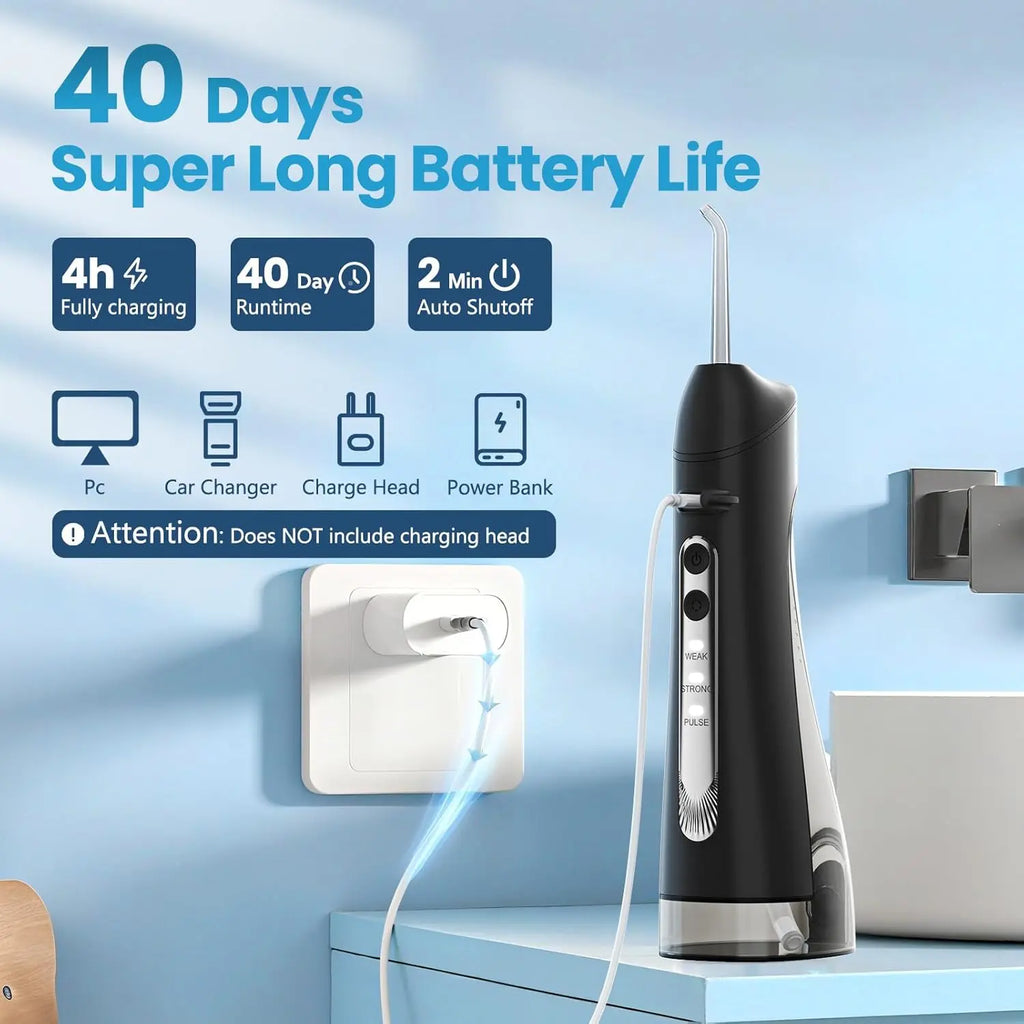 Black cordless water flosser charging with 40-day battery life indicator