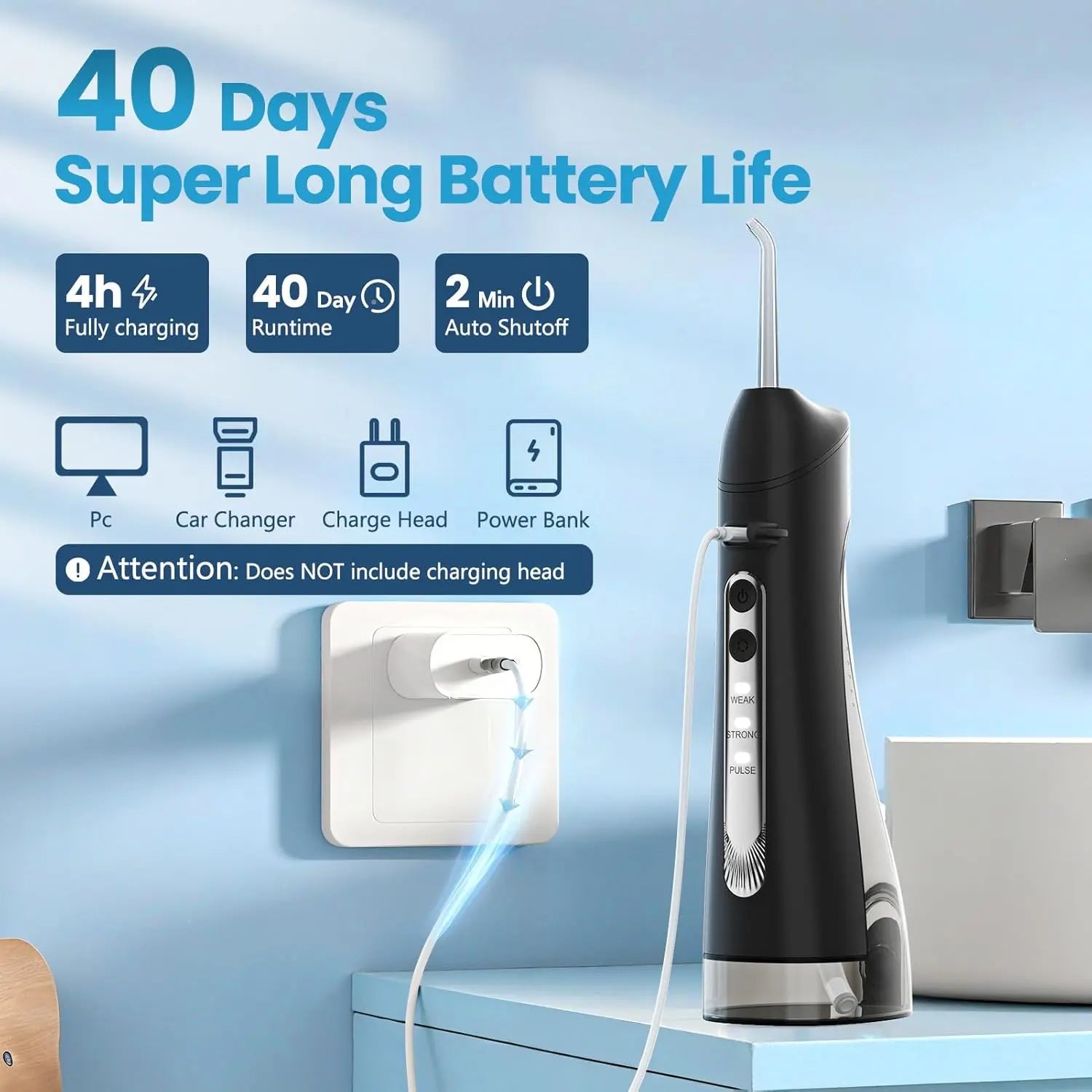 Black cordless water flosser charging with 40-day battery life indicator