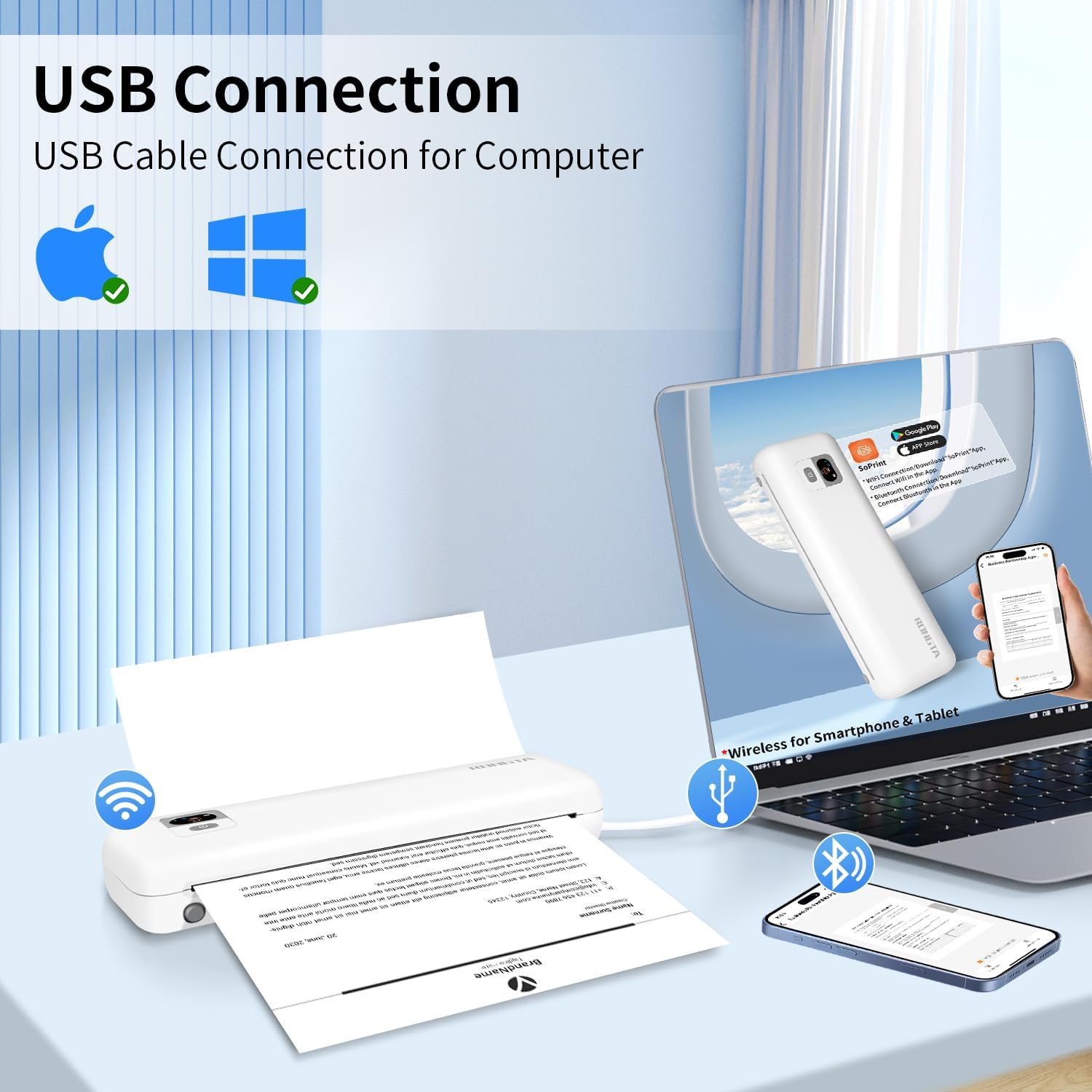 Rongta Portable Printers Wireless for Travel, 300DPI WiFi & Bluetooth Mobile Thermal Inkless Printer for School/Office/Home Use, Compatible with Android,iOS & Laptop (White)