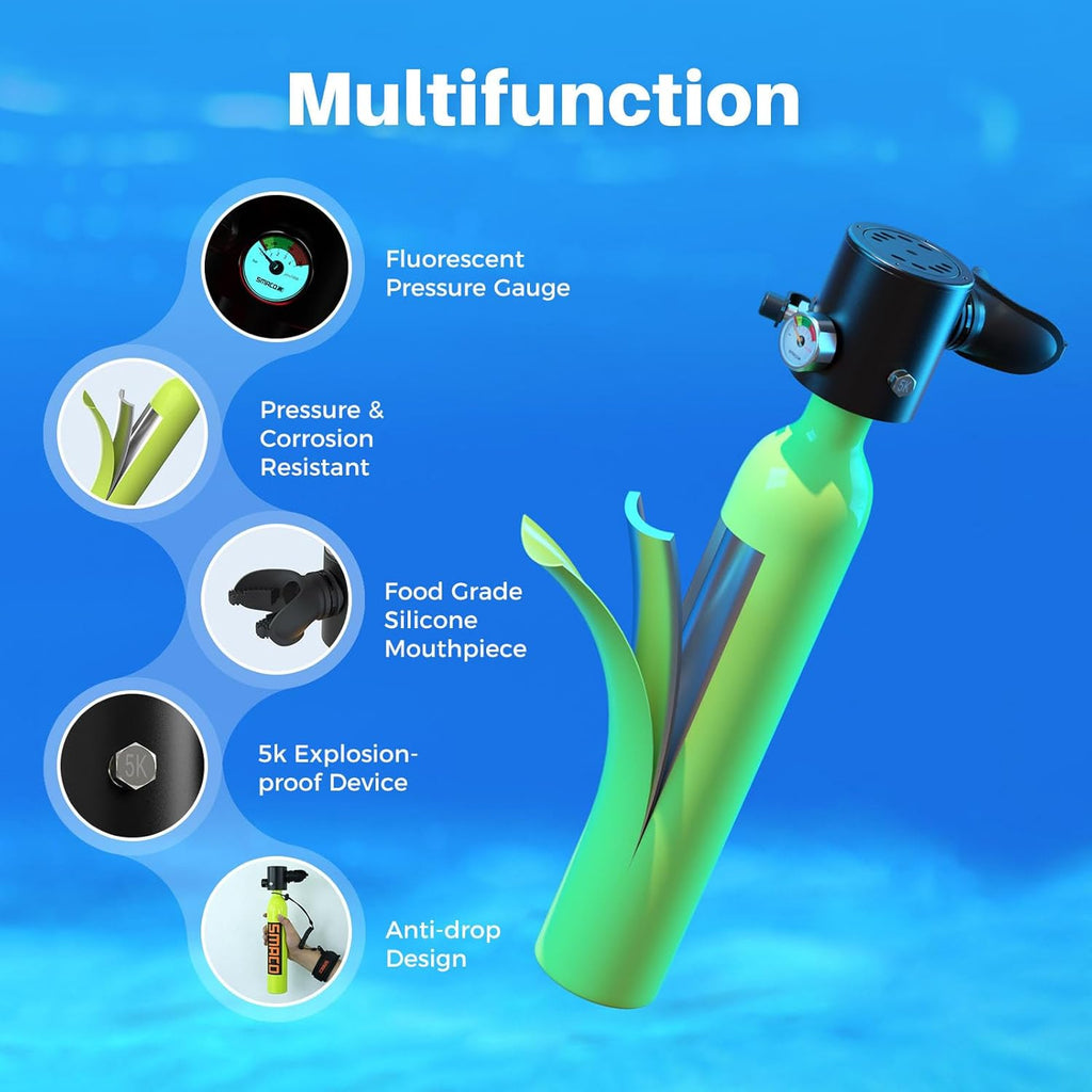 SMACO Mini Scuba Tank 0.5L Portable Small Diving Tank for Underwater Breathing Reusable Diving Cylinder up to 10 Minutes Dive Time Lung Diving Tank Emergency Rescue Pony Bottle S300