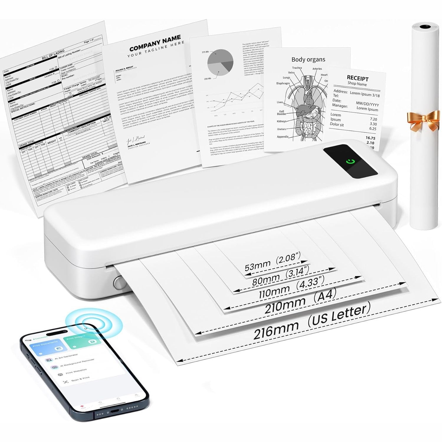 TATTMUSE Portable Printers Wireless for Travel, Inkless Thermal Printer, White