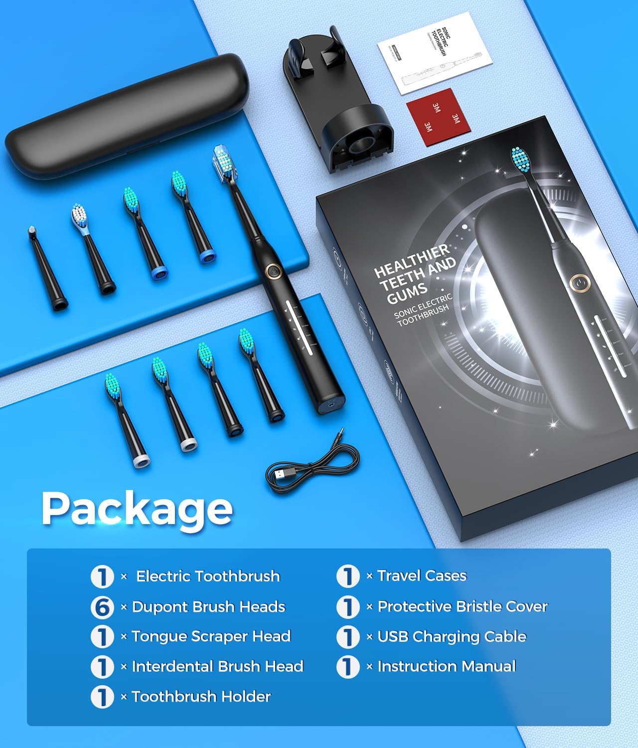 Adult Electric Toothbrush with Travel Case, Electric Toothbrush with 8 Brush Heads, 40,000 VPM Deep Cleaning, 5 Modes, Rechargeable Toothbrushes