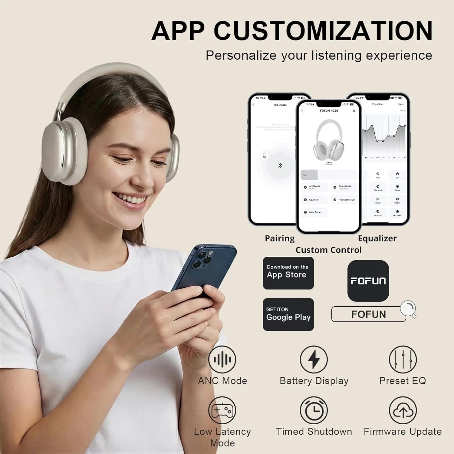 NC95 Hybrid Active Noise Cancelling Headphones with Knob Control, 65H Playtime Over Ear Headphones Wireless Bluetooth 6.0, App Control, Hi-Res Audio, Comfort Fit, Clear Calls for Travel/Workout