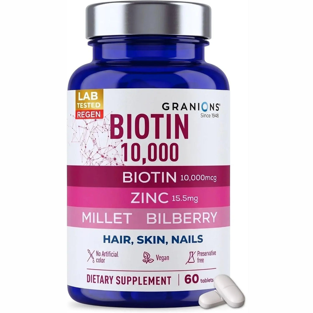 Granions Biotin 10,000 mcg Hair, Skin and Nails Pills - Extra Strength Biotin Complex with Zinc, Selenium, Millet, Bilberry, Aminos - Hair Growth Vitamins Supplement for Women & Men - 60 Tablets
