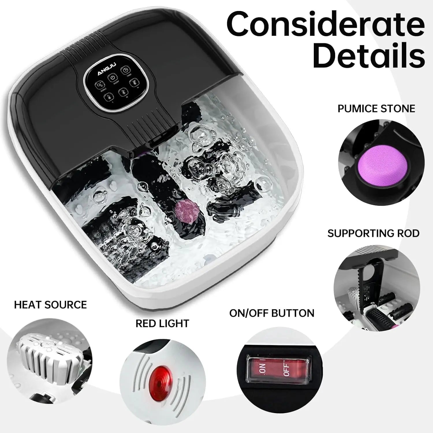 Angju Collapsible Foot Spa with Heat, Remote Temperature Control and Bubble, 6 Massage Rollers, Timer and Pumice Stone, Electric Pedicure Foot Spa Machine for Feet Stress Relief