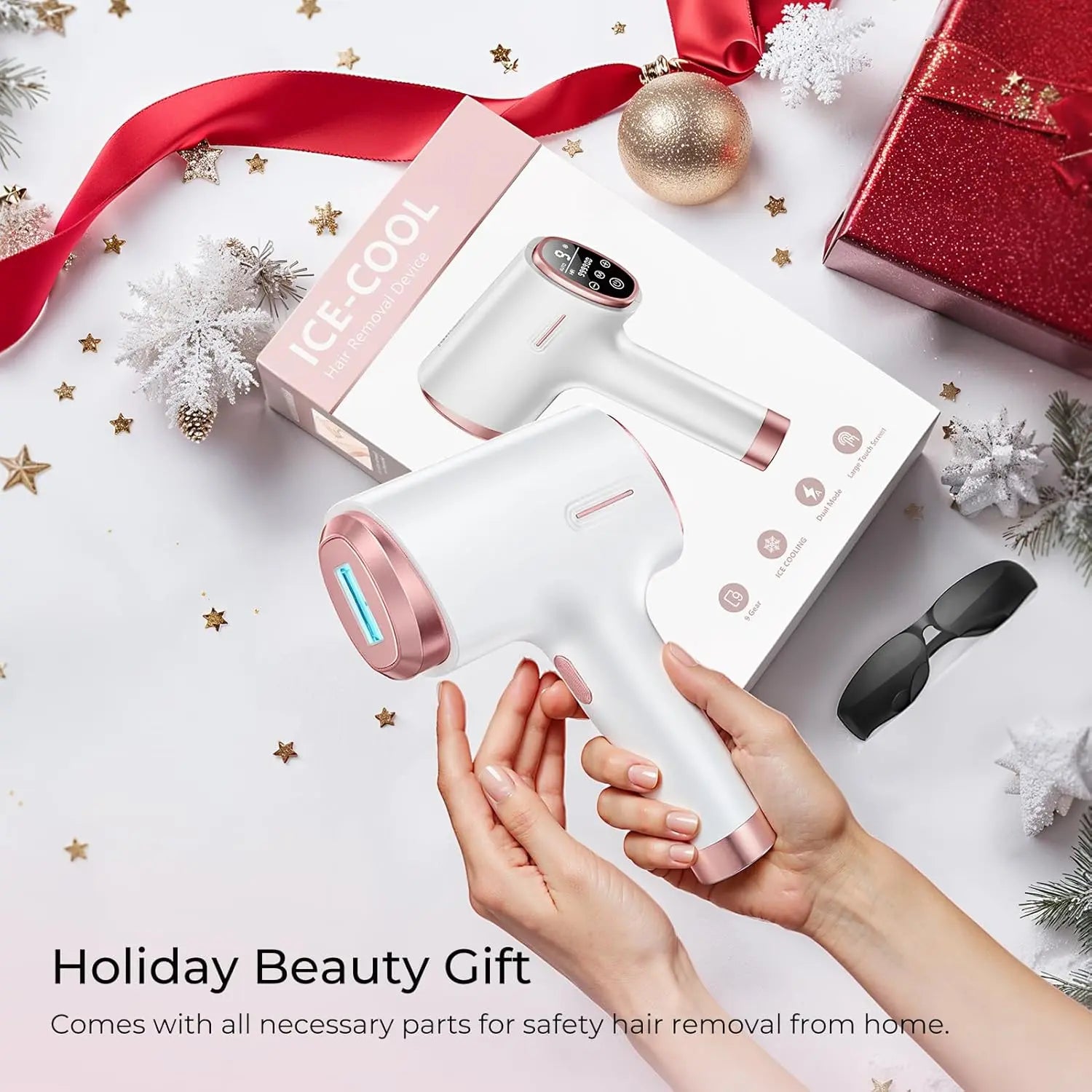 Finequin Laser Hair Removal for Women & Men, 45°F Ice-Cooling Contact, Safe & Virtually Painless Alternative to Salon IPL Hair Removal Device, Long-Lasting Hair Removal from Home, with Razor & Glasses