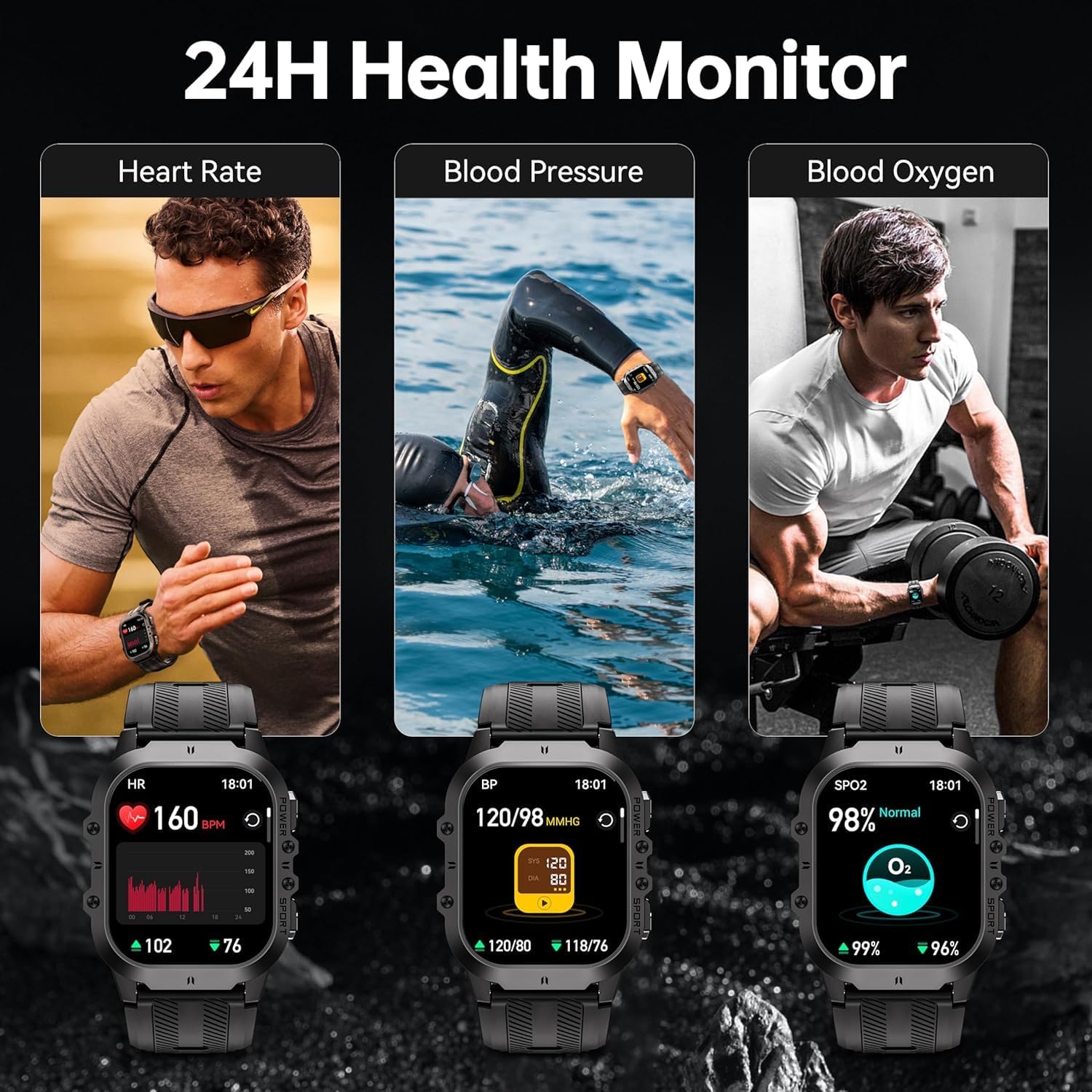 OUKITEL BT20 Military Smart Watch for Men, 1.96 Inch AMOLED Outdoor Sports Smartwatch, 5ATM Waterproof Fitness Watch, 100+ Sports Modes, Heart Rate Blood Oxygen Sleep Monitor for iOS Android