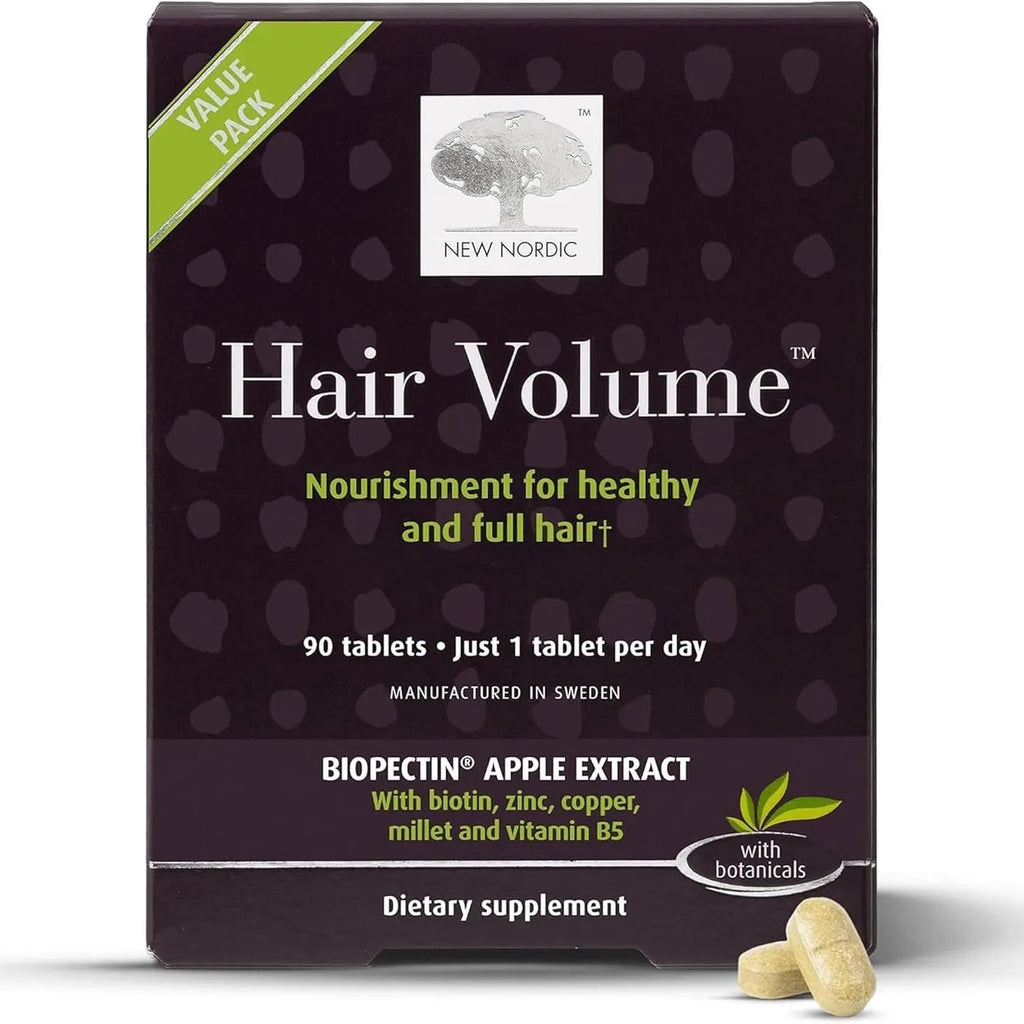 NEW NORDIC Hair Volume Tablets, 3000 mcg Biotin & Biopectin Apple Extract, Hair Vitamins to Support Natural Hair Growth, 90 Count (Pack of 1)