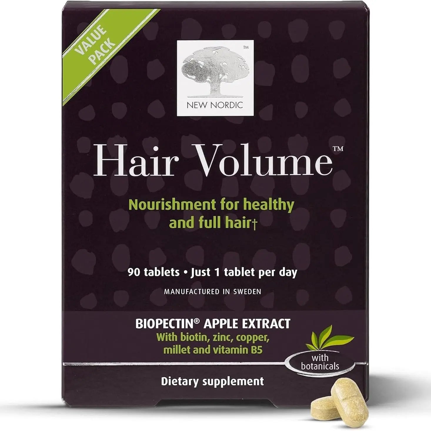 NEW NORDIC Hair Volume Tablets, 3000 mcg Biotin & Biopectin Apple Extract, Hair Vitamins to Support Natural Hair Growth, 90 Count (Pack of 1)