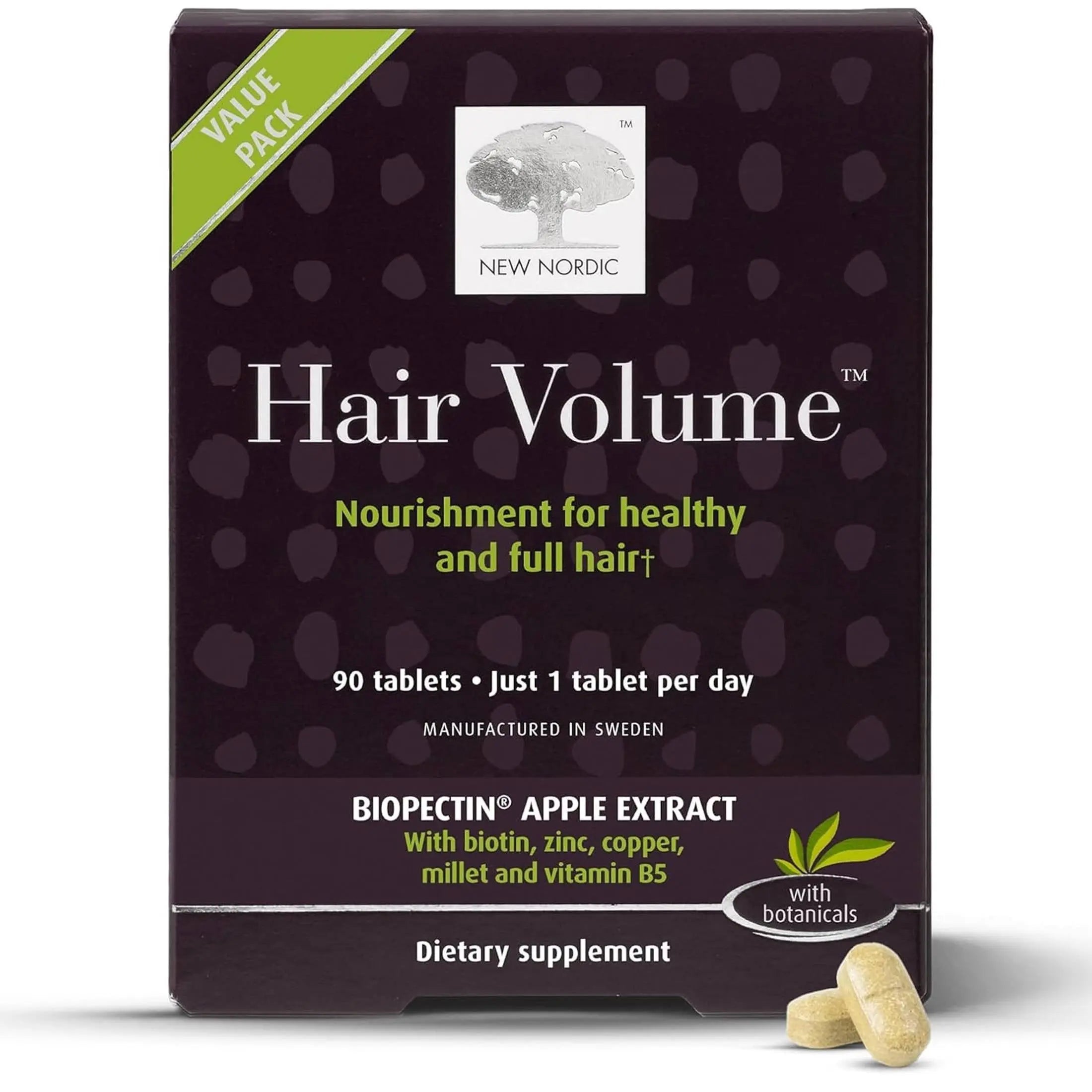 New Nordic Hair Volume Tablets, 3000 mcg Biotin & Biopectin Apple Extract, Hair Vitamins to Support Natural Hair Growth, 30 Count (Pack of 1)